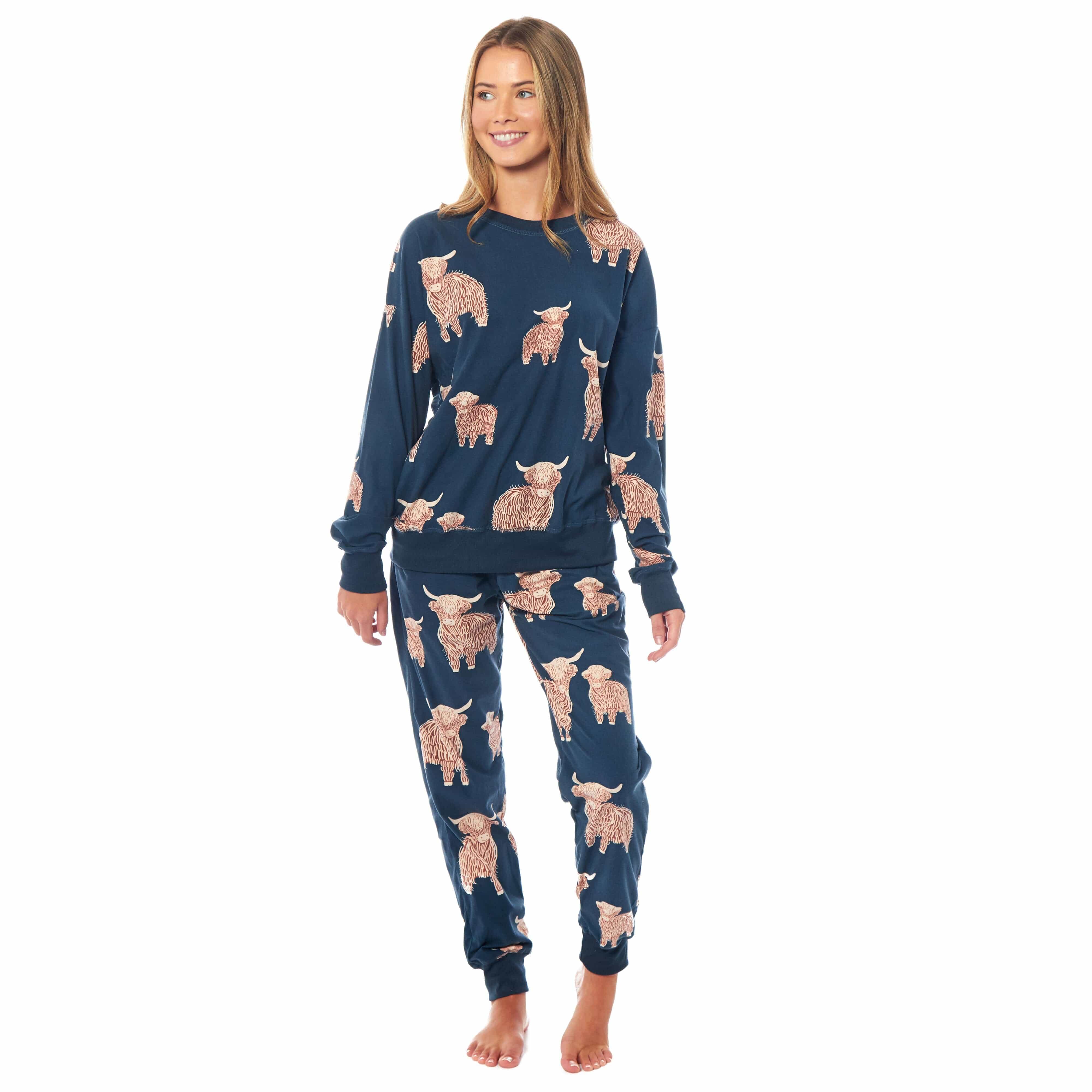 Daisy Dreamer Womens Soft Fleece Pyjama Set With Long Sleeve Highland Cow Print Sleepwear - REGN