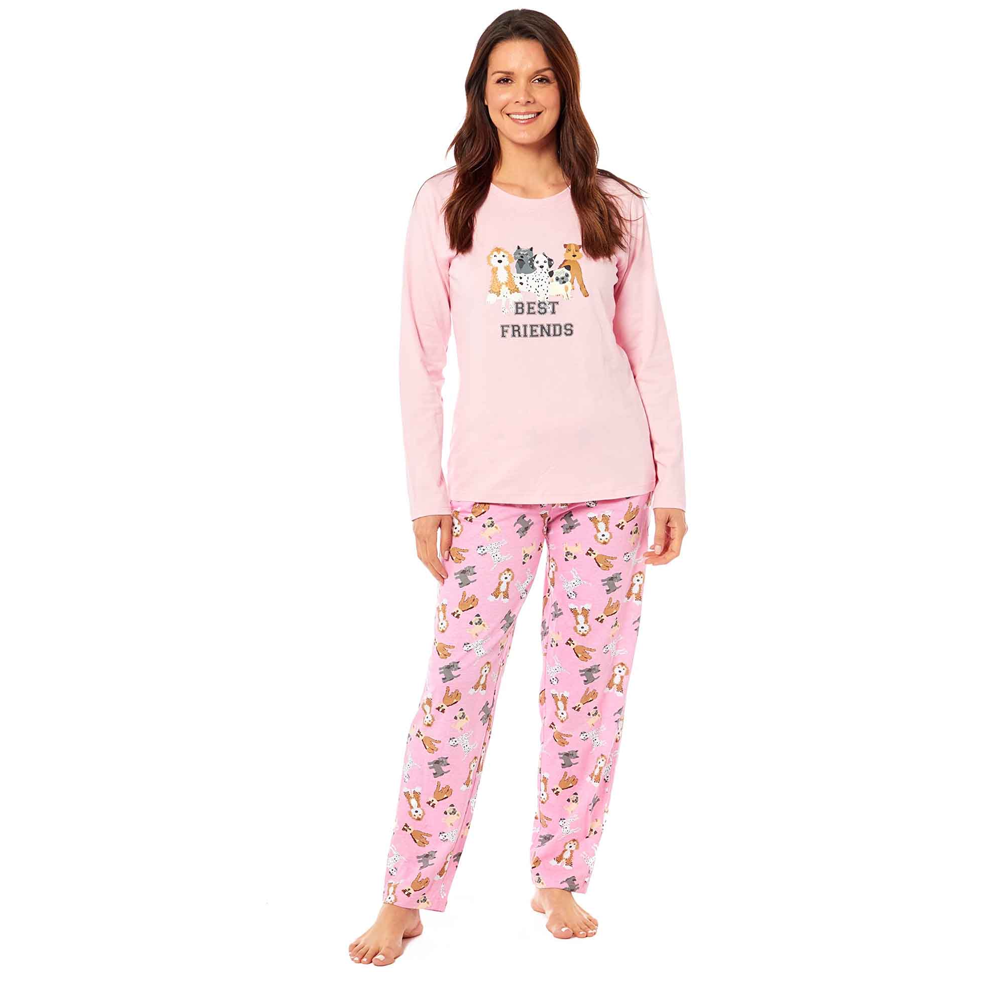Daisy Dreamer Women's Soft Pink Dogs Pyjama Lounge Set Jersey Cotton Easy Care Super Soft Cosy Sleepwear - REGN