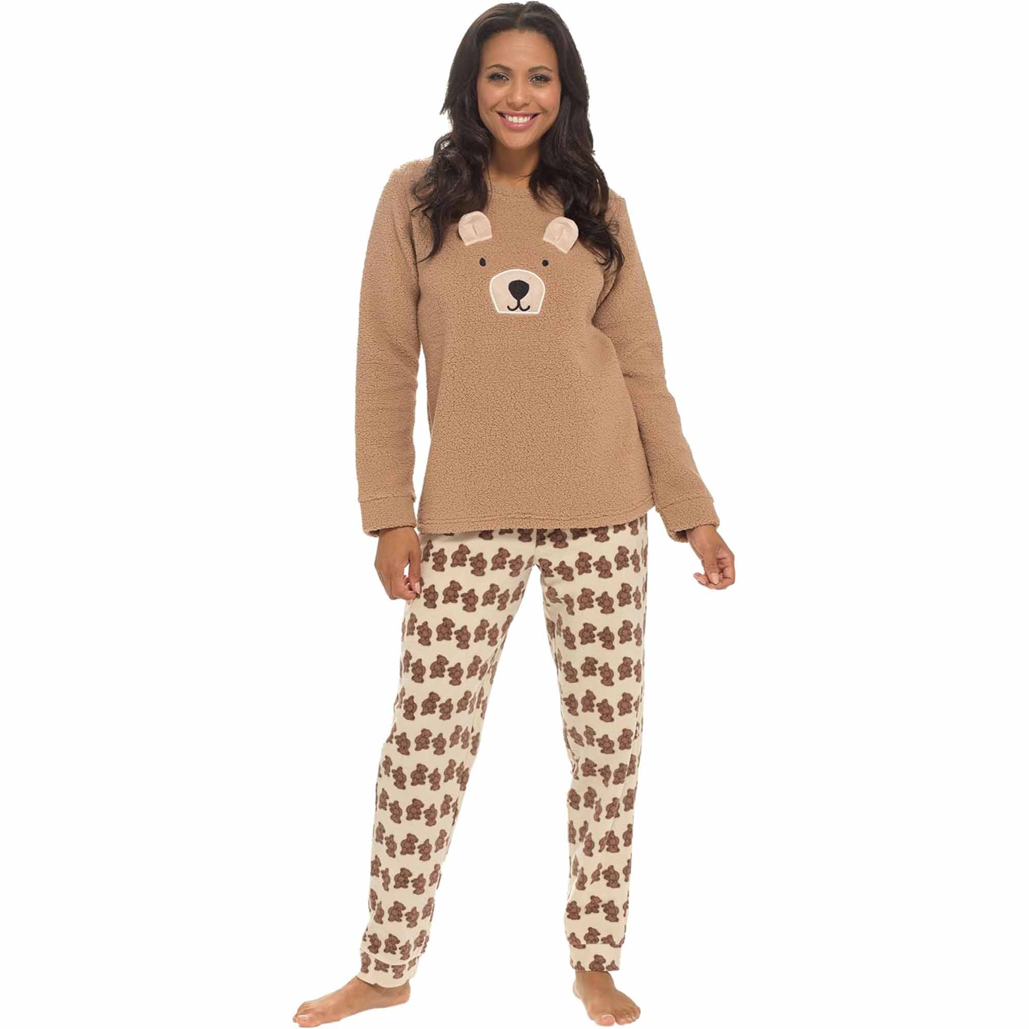 Daisy Dreamer Women's Teddy Bear Fleece Pyjama Set Long Sleeve Top Patterned Elastic - REGN