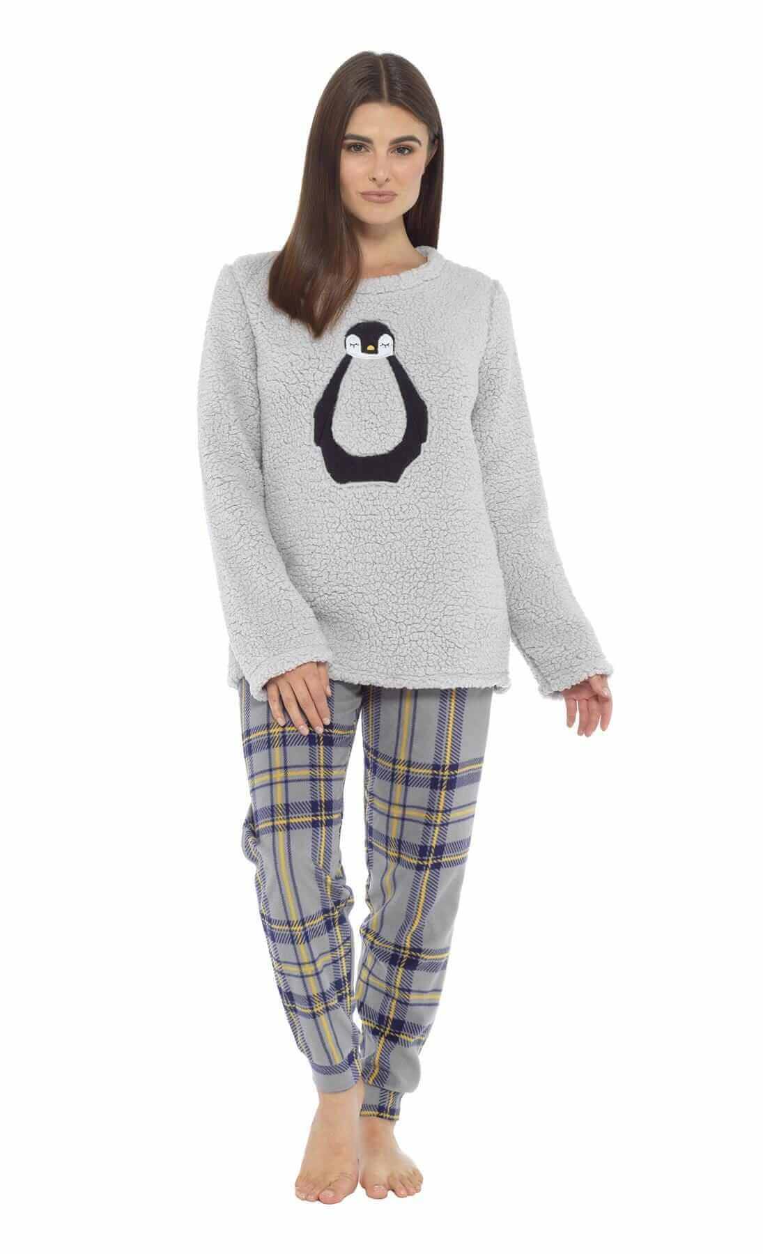 Daisy Dreamer Womens Teddy Fleece Pyjama Set Penguin Design Ultra Soft Cosy Sleepwear - REGN