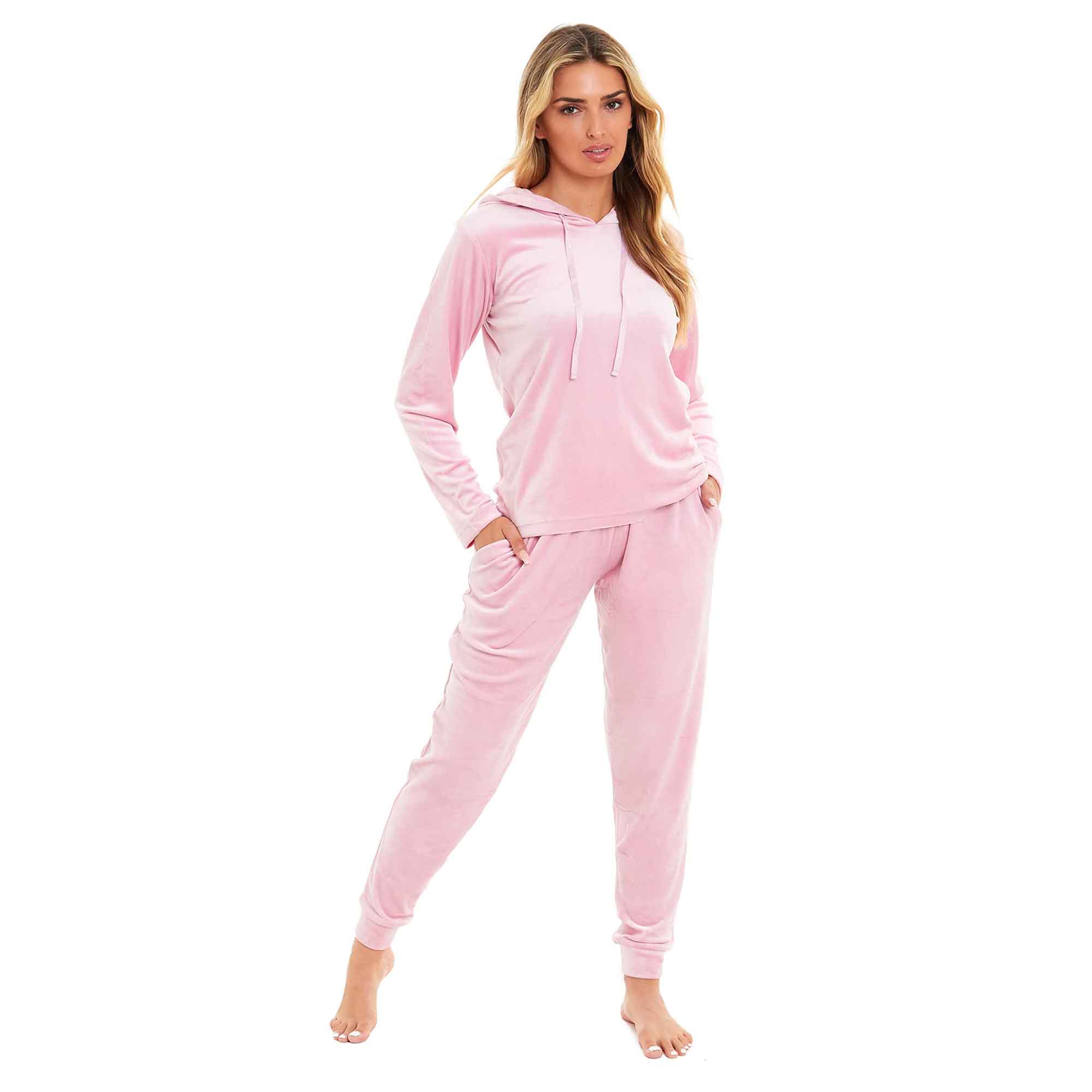 Daisy Dreamer Women's Velour Hooded Pyjama Set Pink Grey Super Soft Fleece Loungewear - REGN