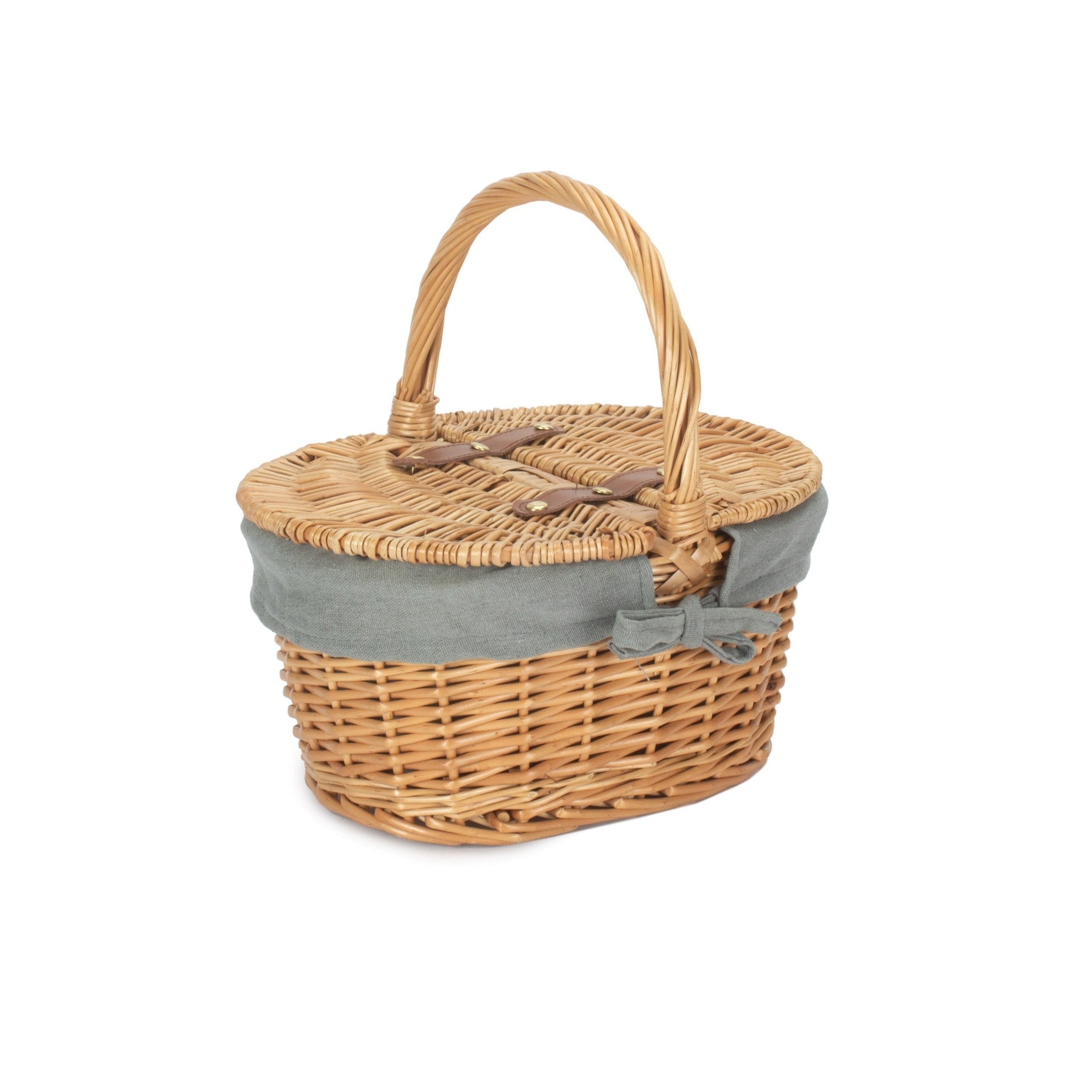 Deep Oval Willow Picnic Basket with Antique Wash with Grey Sage Lining - REGN