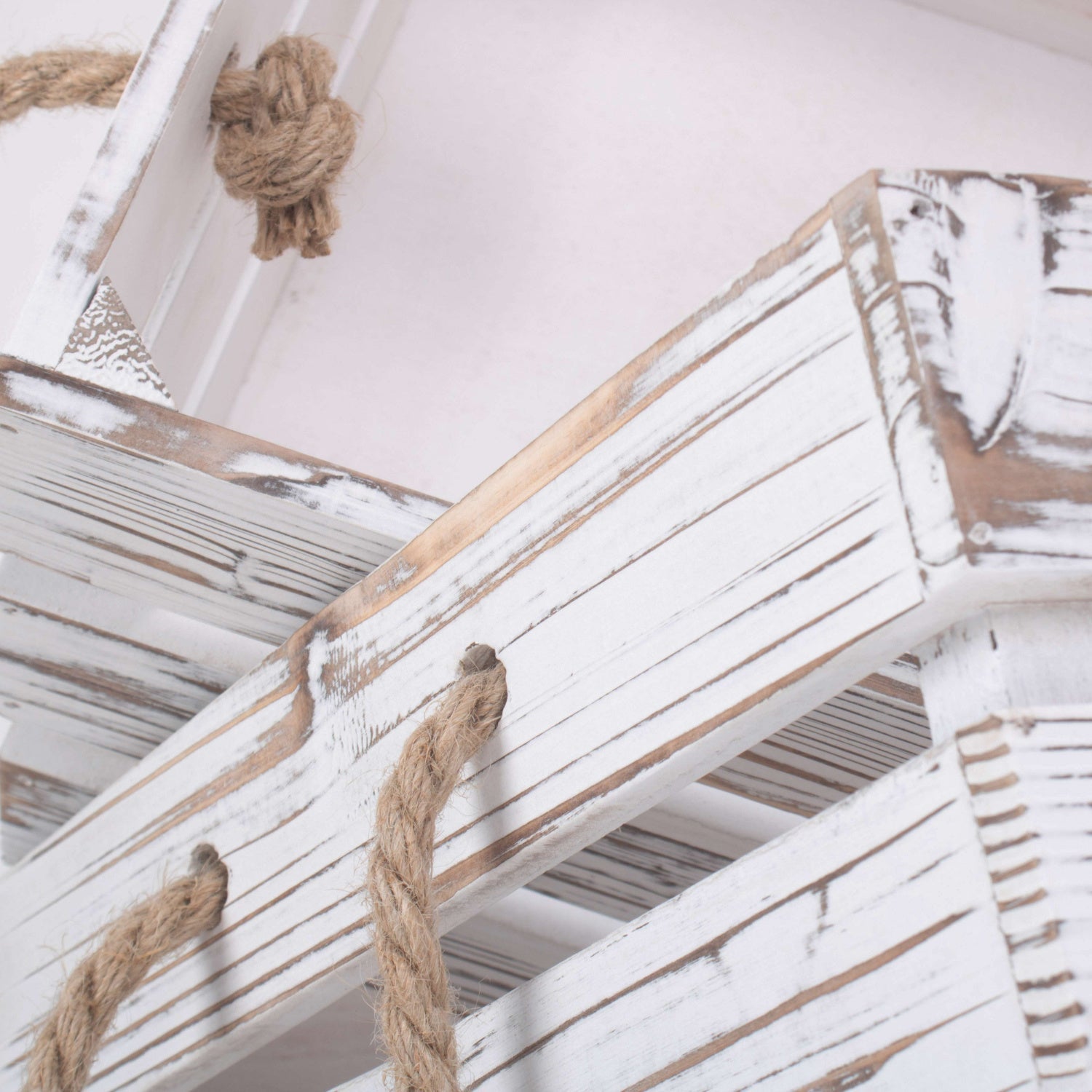 Distressed White Wash Rope Handled Crate Set 3 - REGN