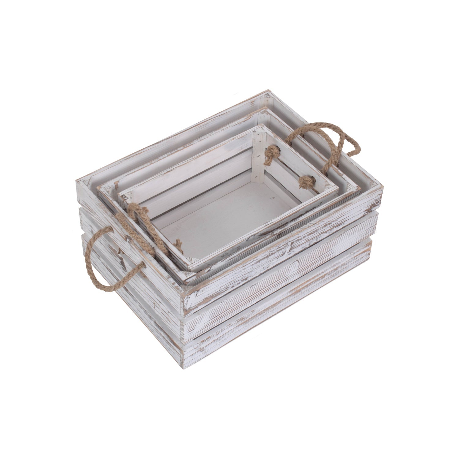 Distressed White Wash Rope Handled Crate Set 3 - REGN