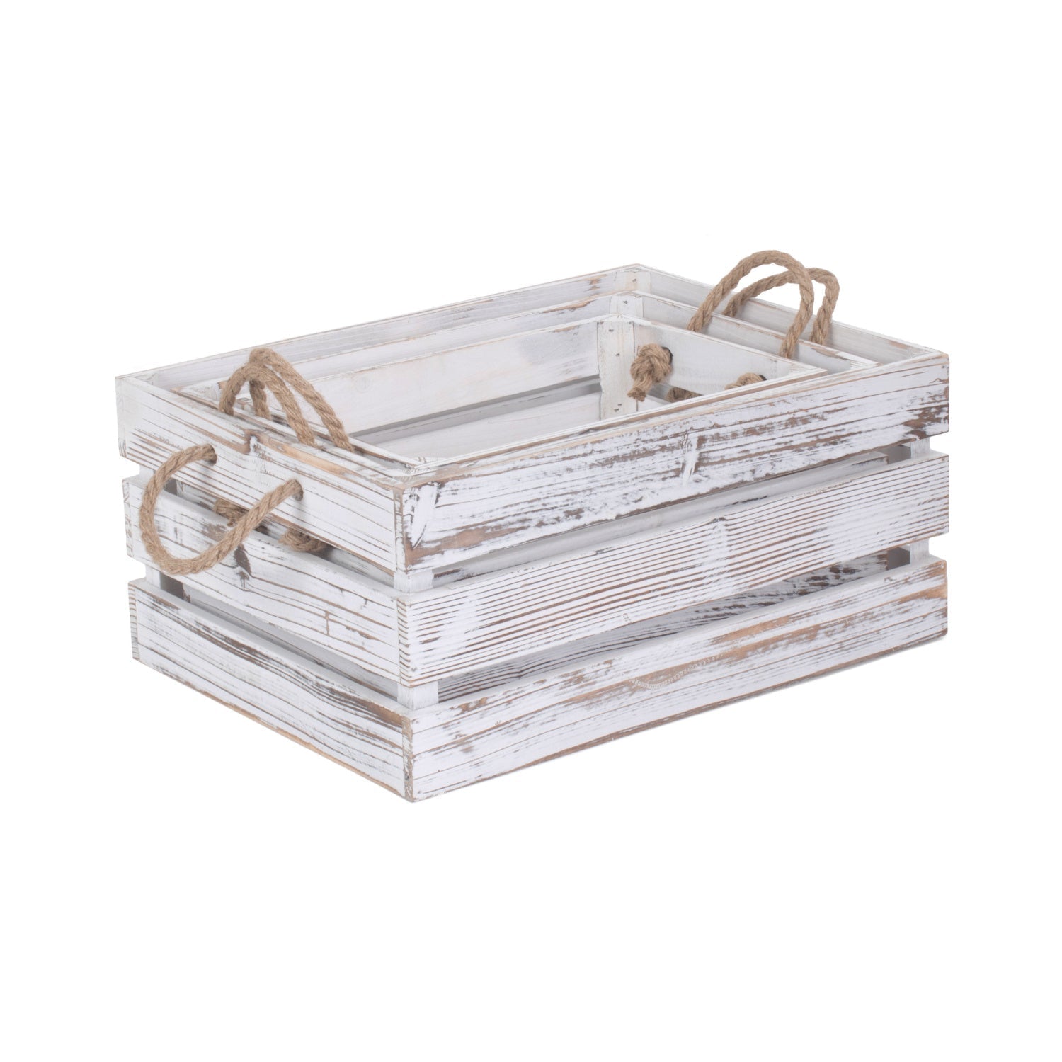 Distressed White Wash Rope Handled Crate Set 3 - REGN