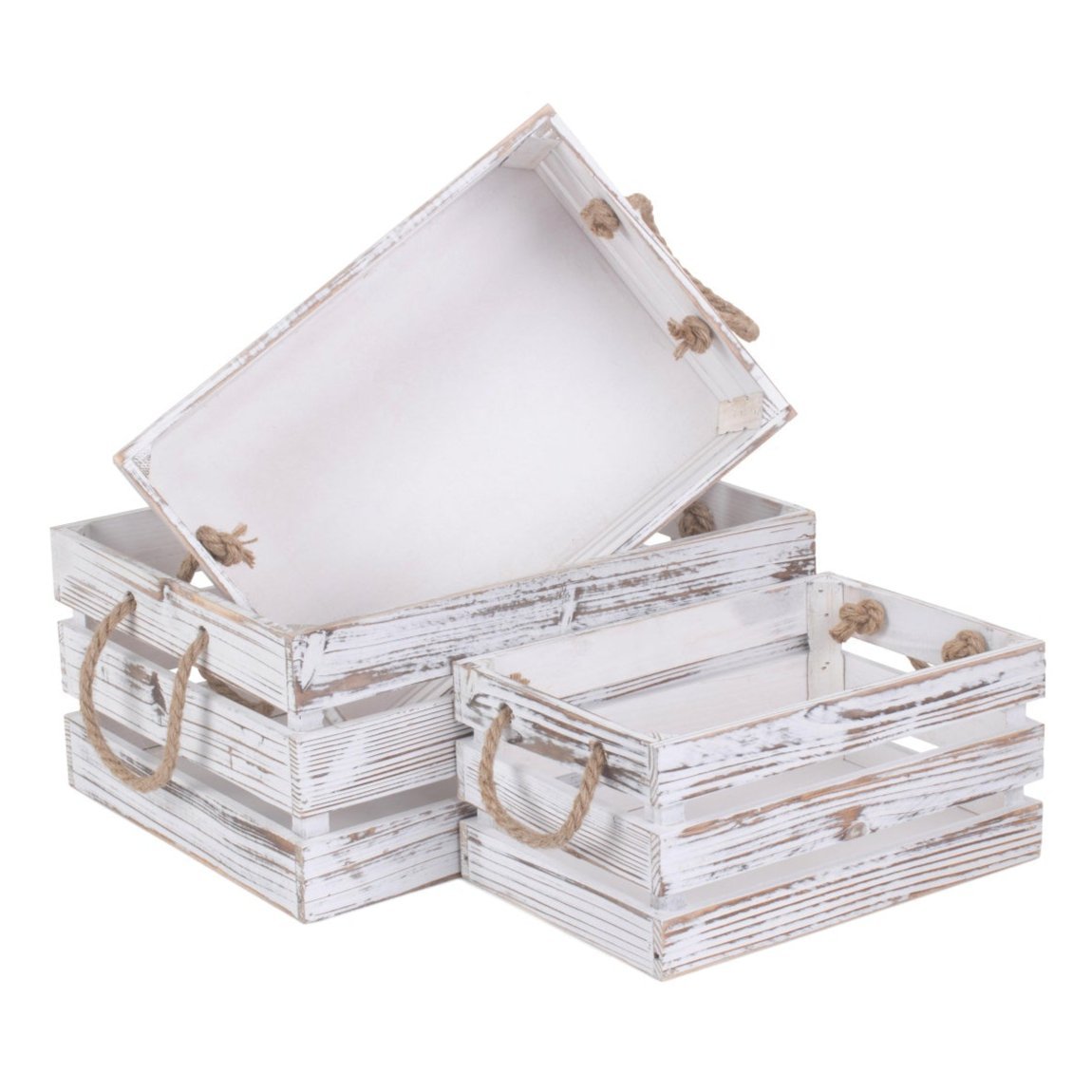 Distressed White Wash Rope Handled Crate Set 3 - REGN
