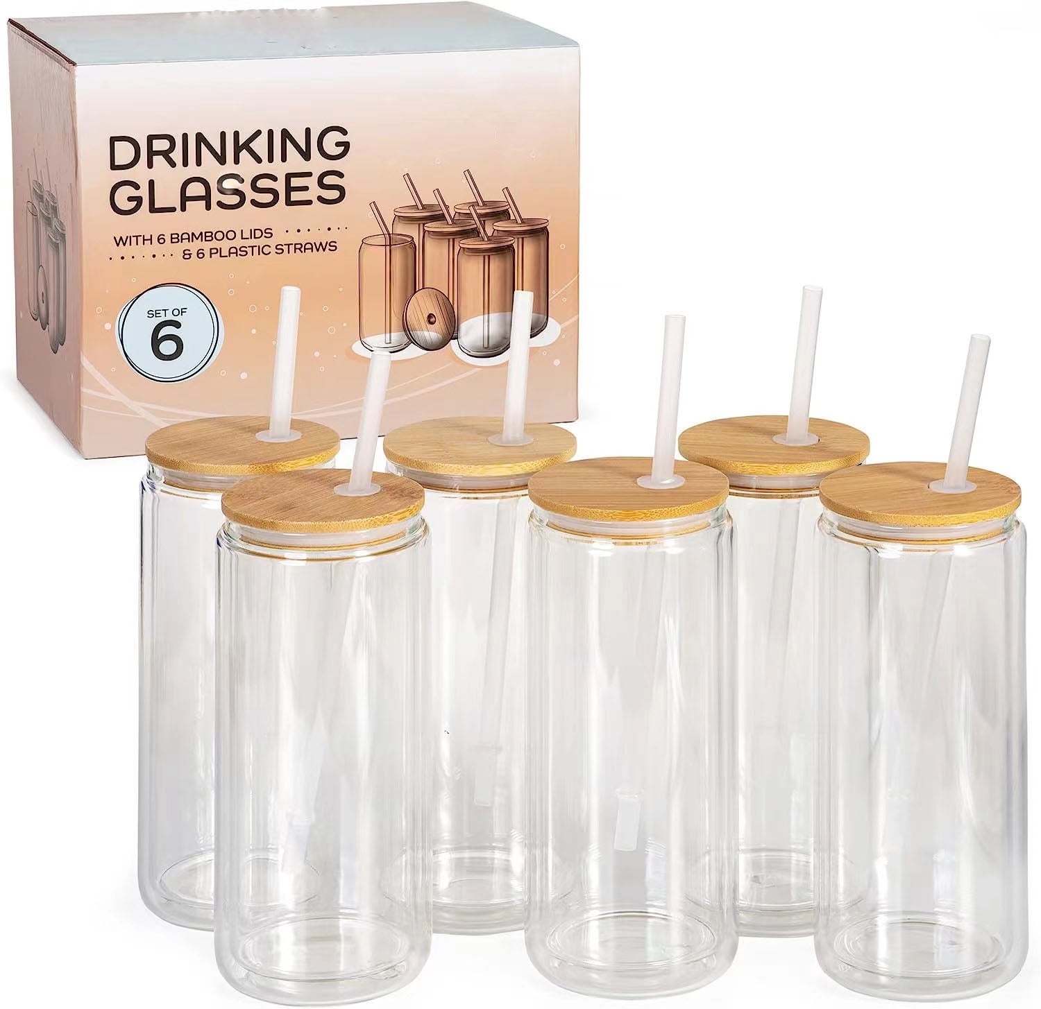 Double Wall Glass Drinking Glasses with Bamboo Lids and Glass Straws – Set of 6 - REGN