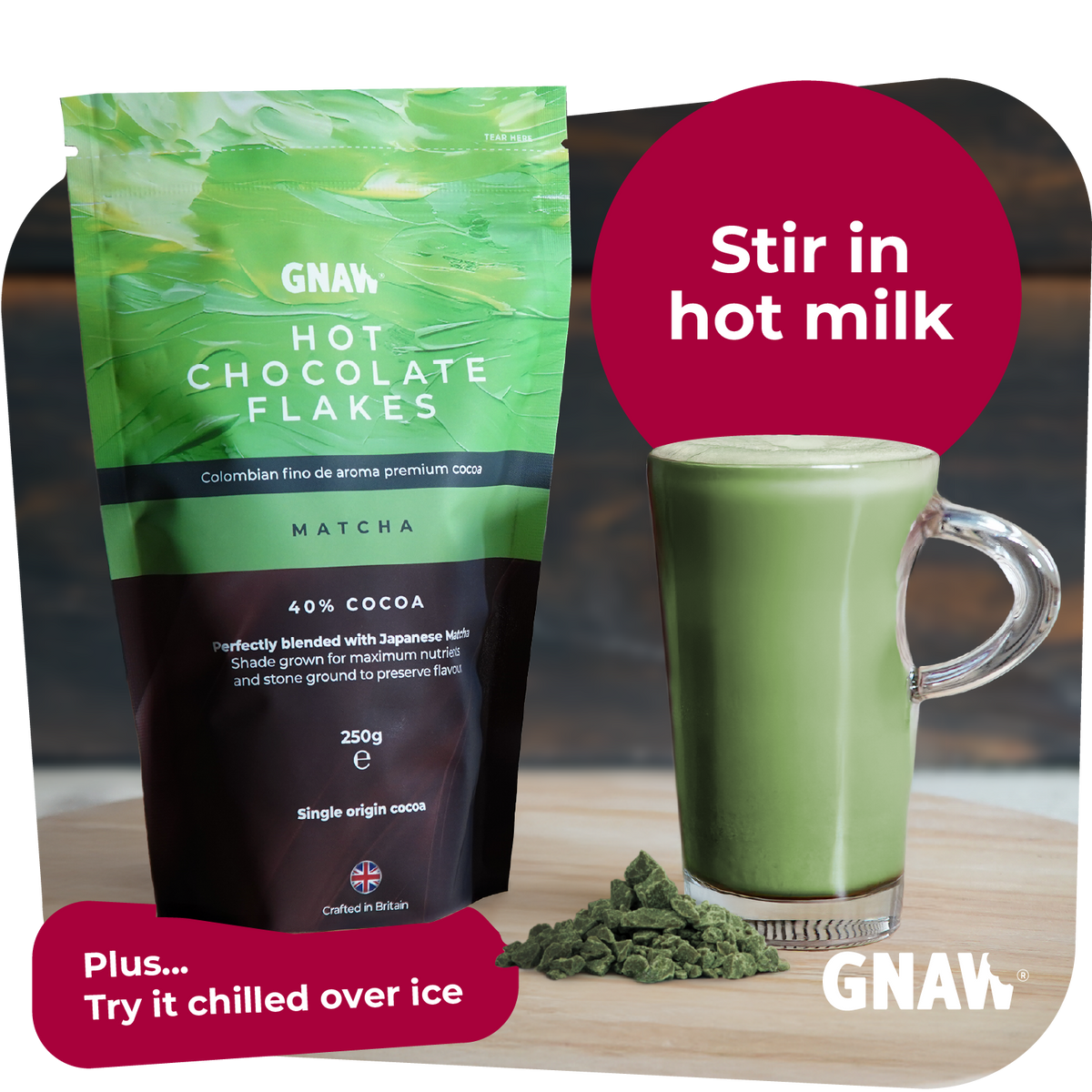 GNAW Matcha Hot Chocolate Flakes | 40% Colombian Cocoa & Japanese Matcha | Luxury Drinking Chocolate