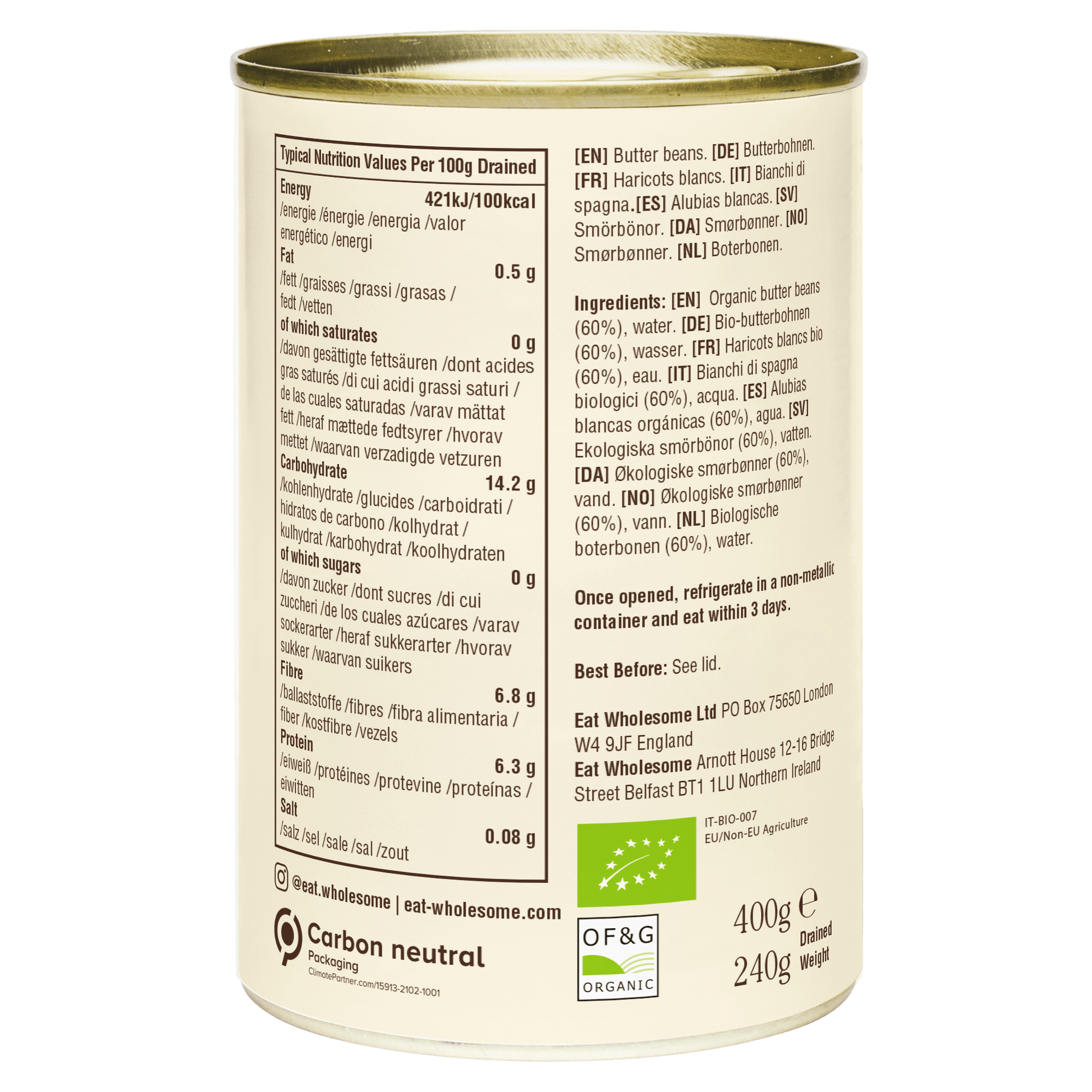 Eat Wholesome Organic Butter Beans 400g | No Added Salt - REGN