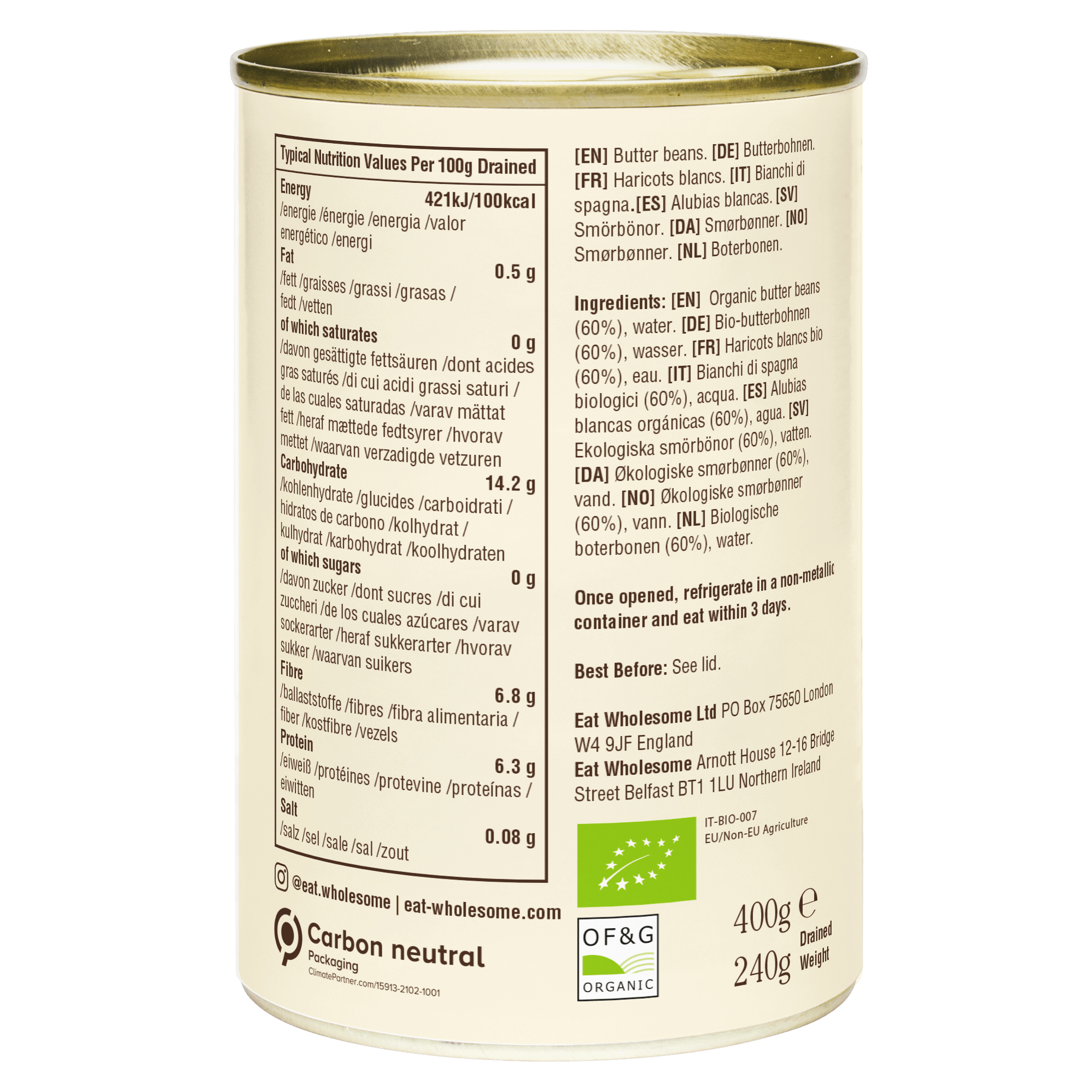 Eat Wholesome Organic Butter Beans 400g | No Added Salt - REGN
