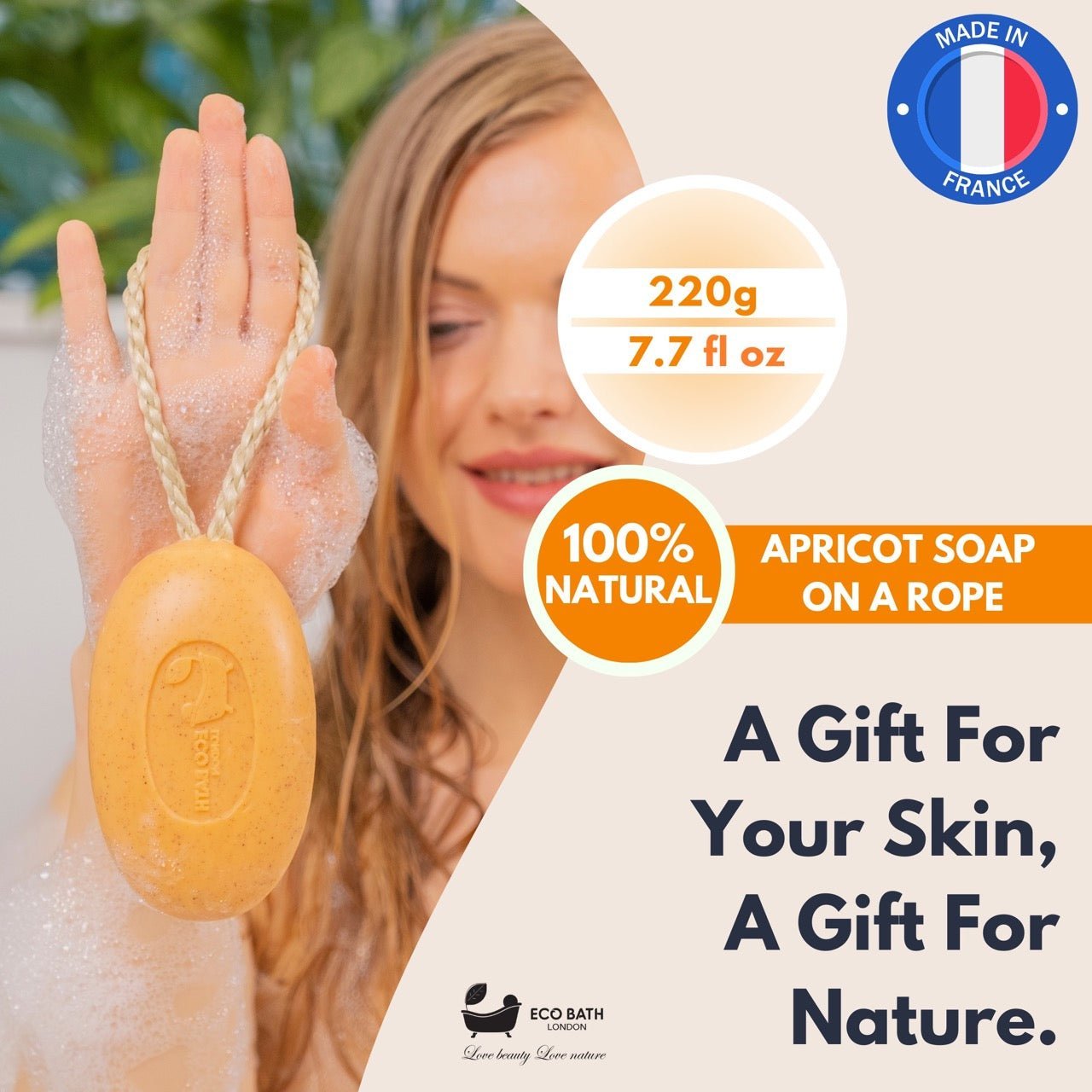 Eco Bath London Apricot Soap on a Rope 220g- Luxury Eco-Friendly Apricot Soap Bar - REGN