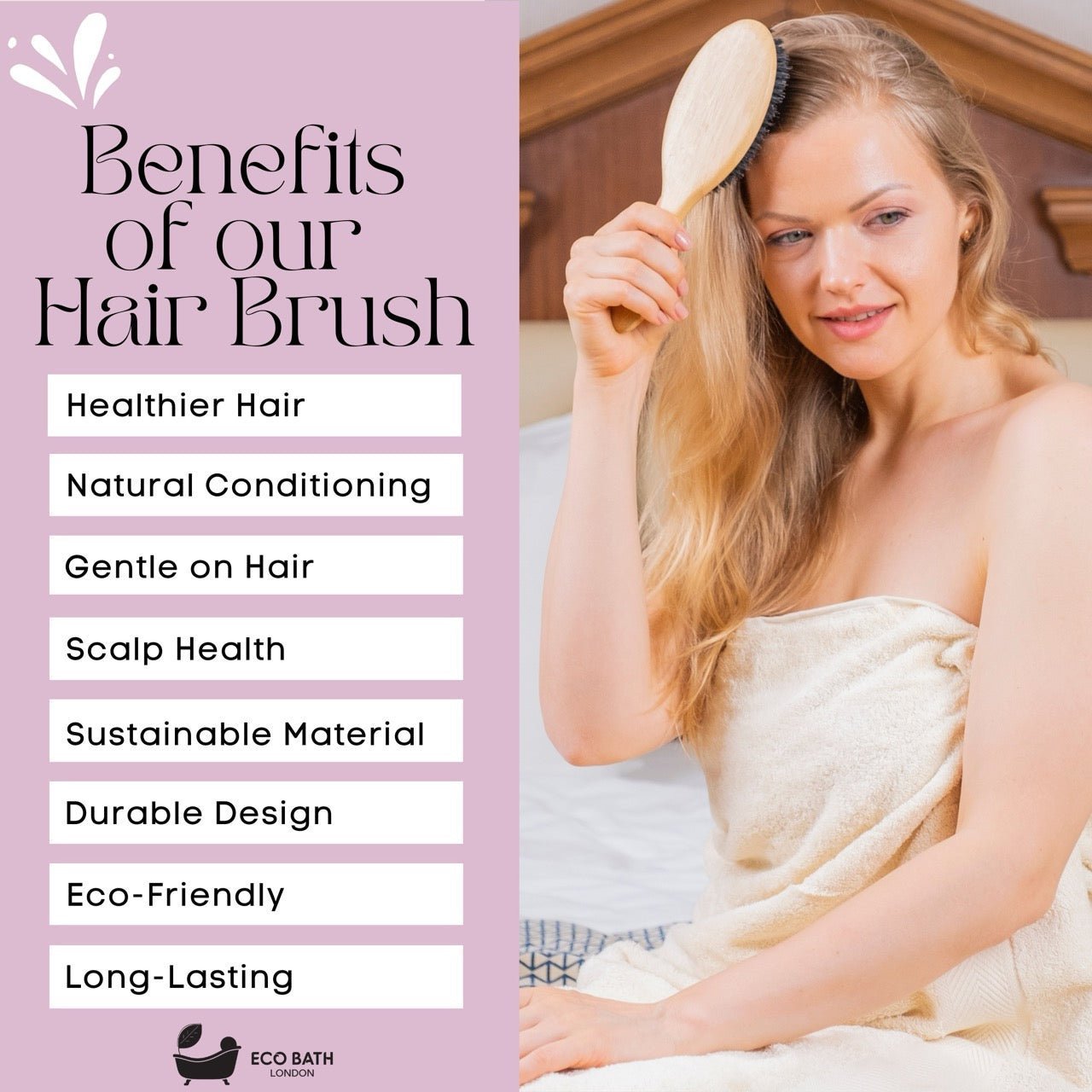 Eco Bath London Bamboo Hair Brush with Boar Bristles - Eco-Friendly Detangling Hairbrush for All Hair Types - REGN
