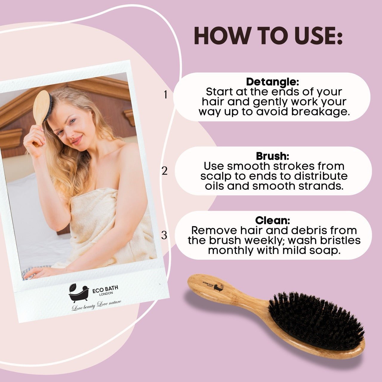 Eco Bath London Bamboo Hair Brush with Boar Bristles - Eco-Friendly Detangling Hairbrush for All Hair Types - REGN