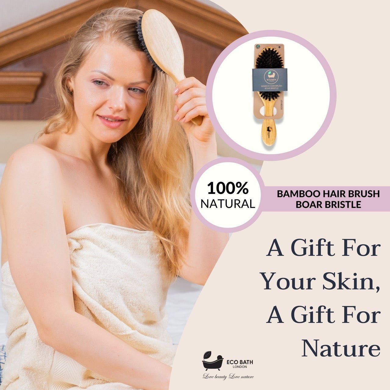 Eco Bath London Bamboo Hair Brush with Boar Bristles - Eco-Friendly Detangling Hairbrush for All Hair Types - REGN