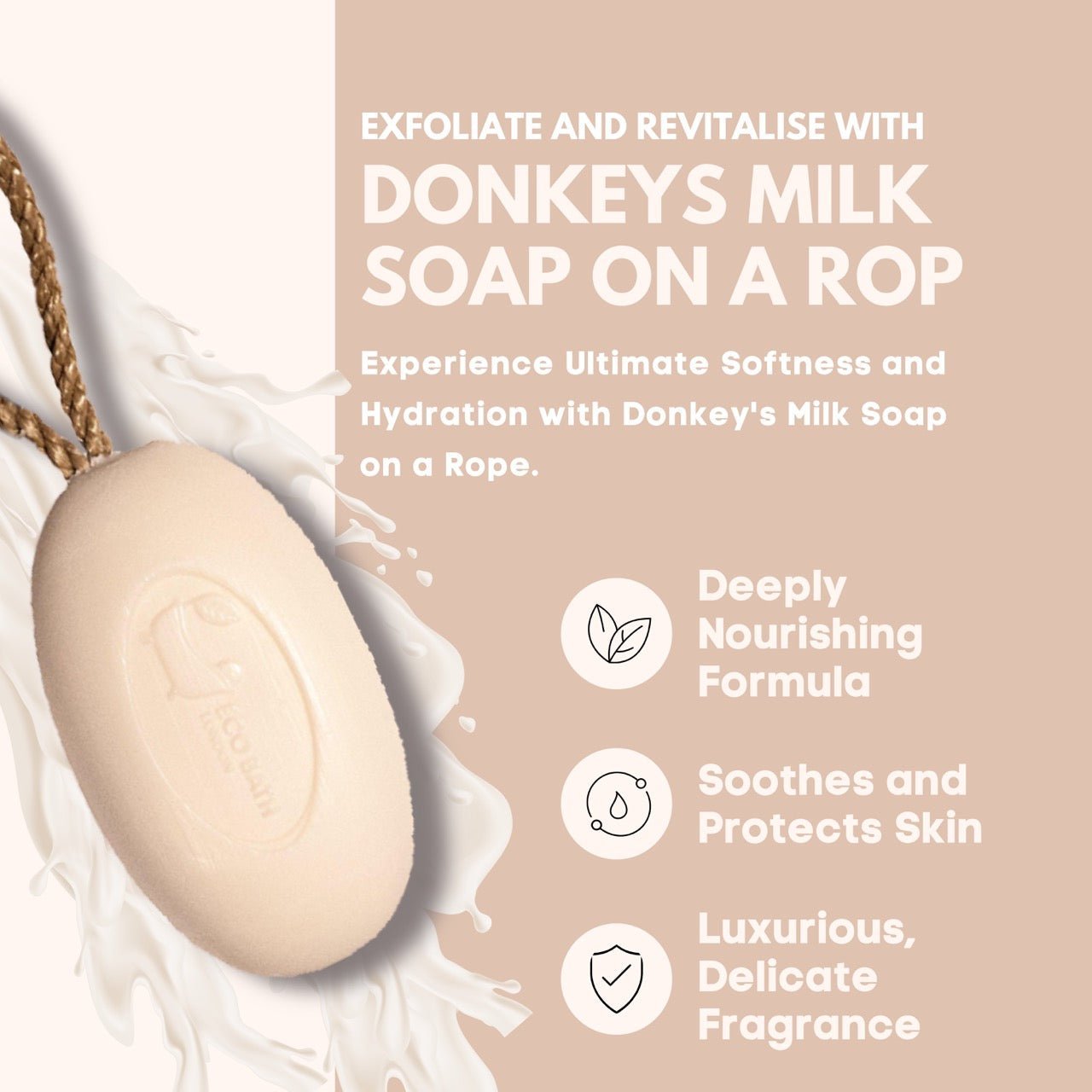 Eco Bath London Donkey’s Milk Soap on a Rope 220g - Luxurious and Eco Friendly Body Wash Bar with Shea Butter - REGN