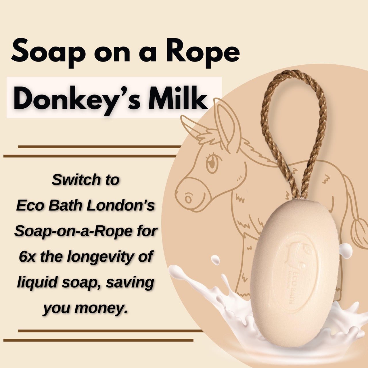 Eco Bath London Donkey’s Milk Soap on a Rope 220g - Luxurious and Eco Friendly Body Wash Bar with Shea Butter - REGN