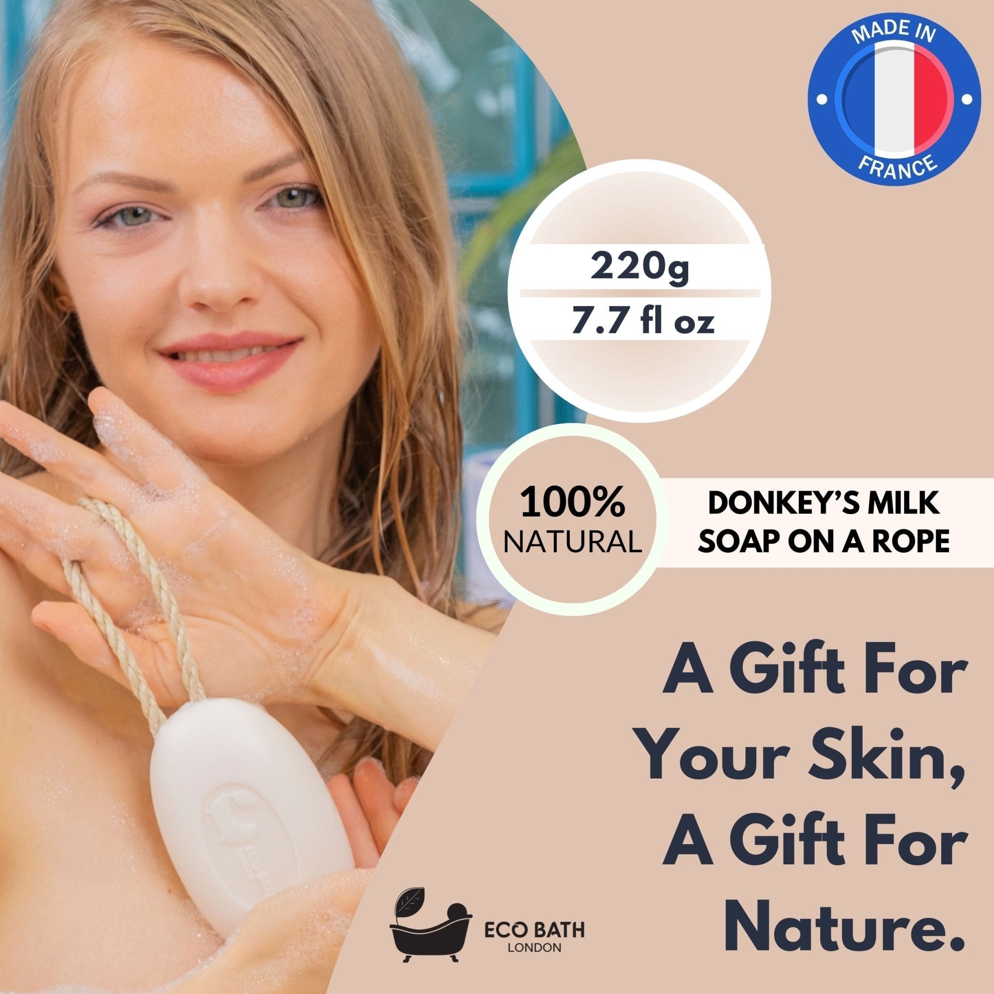 Eco Bath London Donkey’s Milk Soap on a Rope 220g - Luxurious and Eco Friendly Body Wash Bar with Shea Butter - REGN