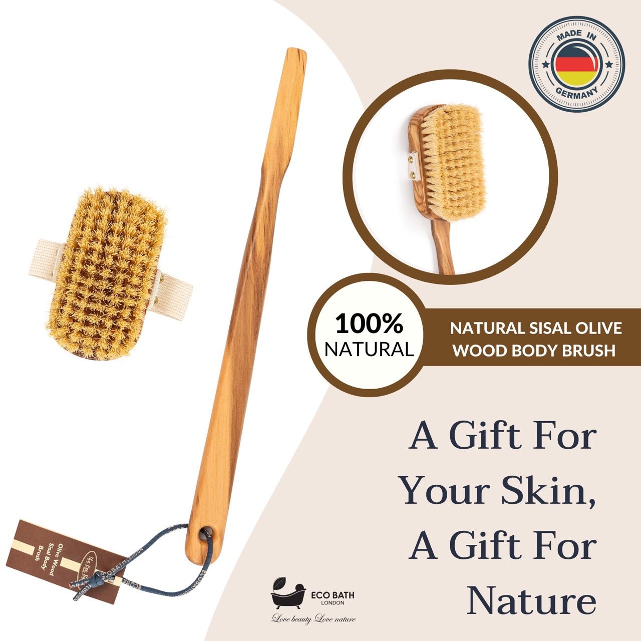 Eco Bath London Luxury Natural Sisal Olive Wood Body Brush - The Ultimate Dry Brushing Body Brush - REGN