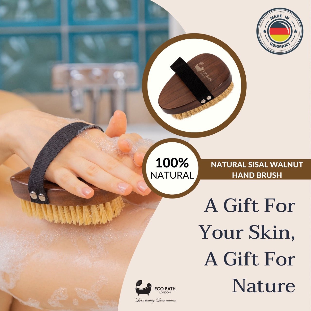 Eco Bath London Natural Sisal Walnut Hand Brush - Luxury Hand Brush for Dry Brushing - REGN