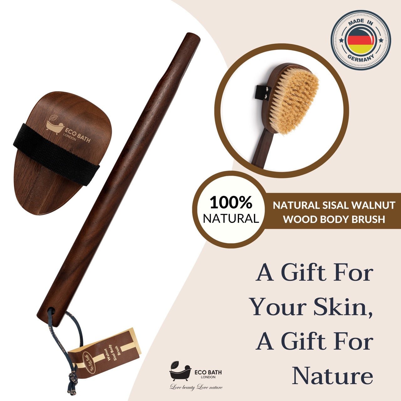 Eco Bath London Natural Sisal Walnut Wood Body Brush - Luxurious Dry Brushing Body Brush - REGN