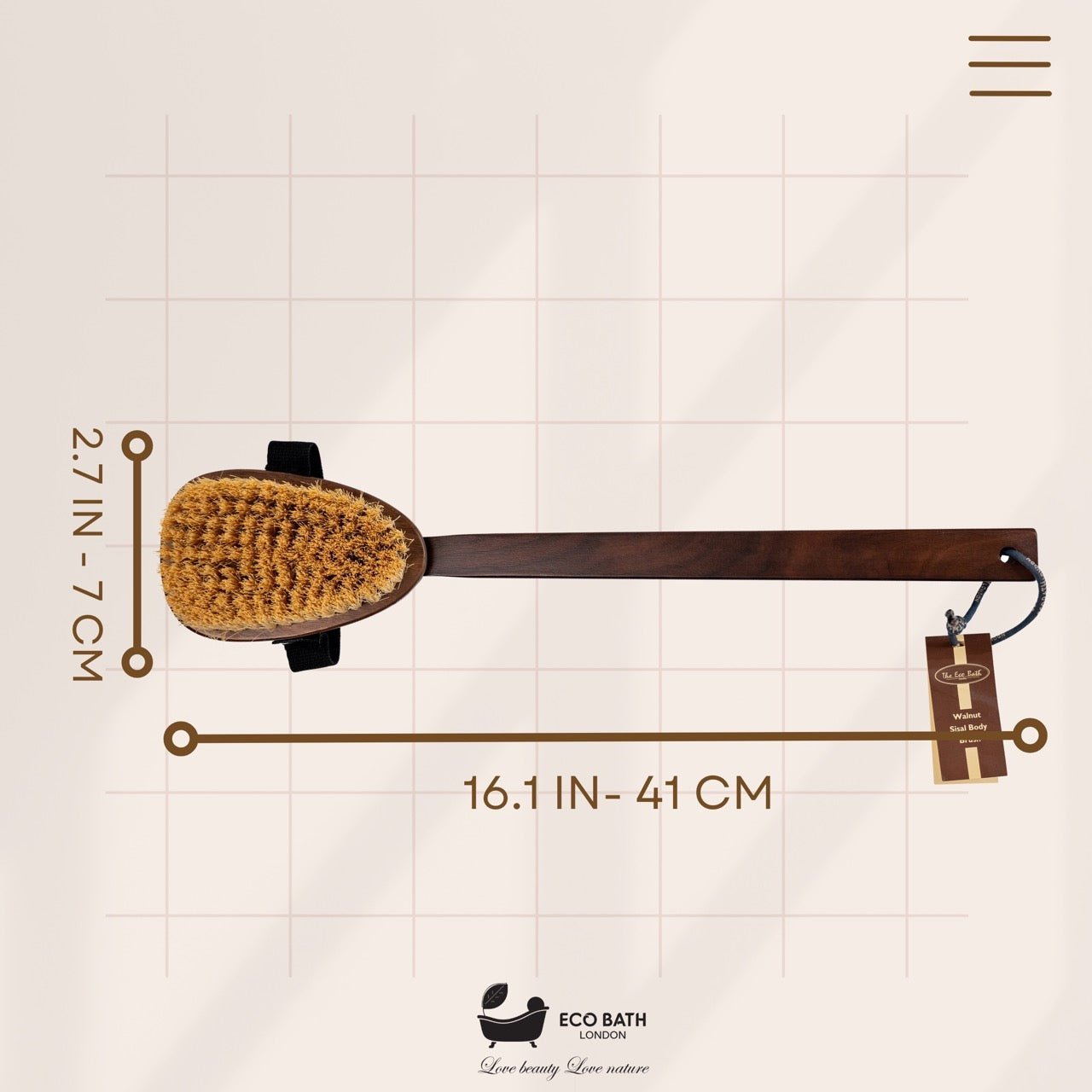 Eco Bath London Natural Sisal Walnut Wood Body Brush - Luxurious Dry Brushing Body Brush - REGN