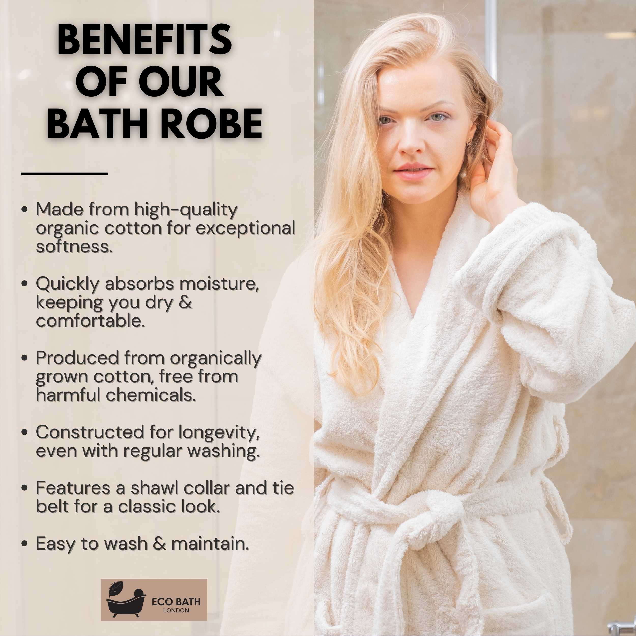 Eco Bath London Organic Cotton Shawl Collar Bath Robe - 100% Certified Organic Cotton - REGN