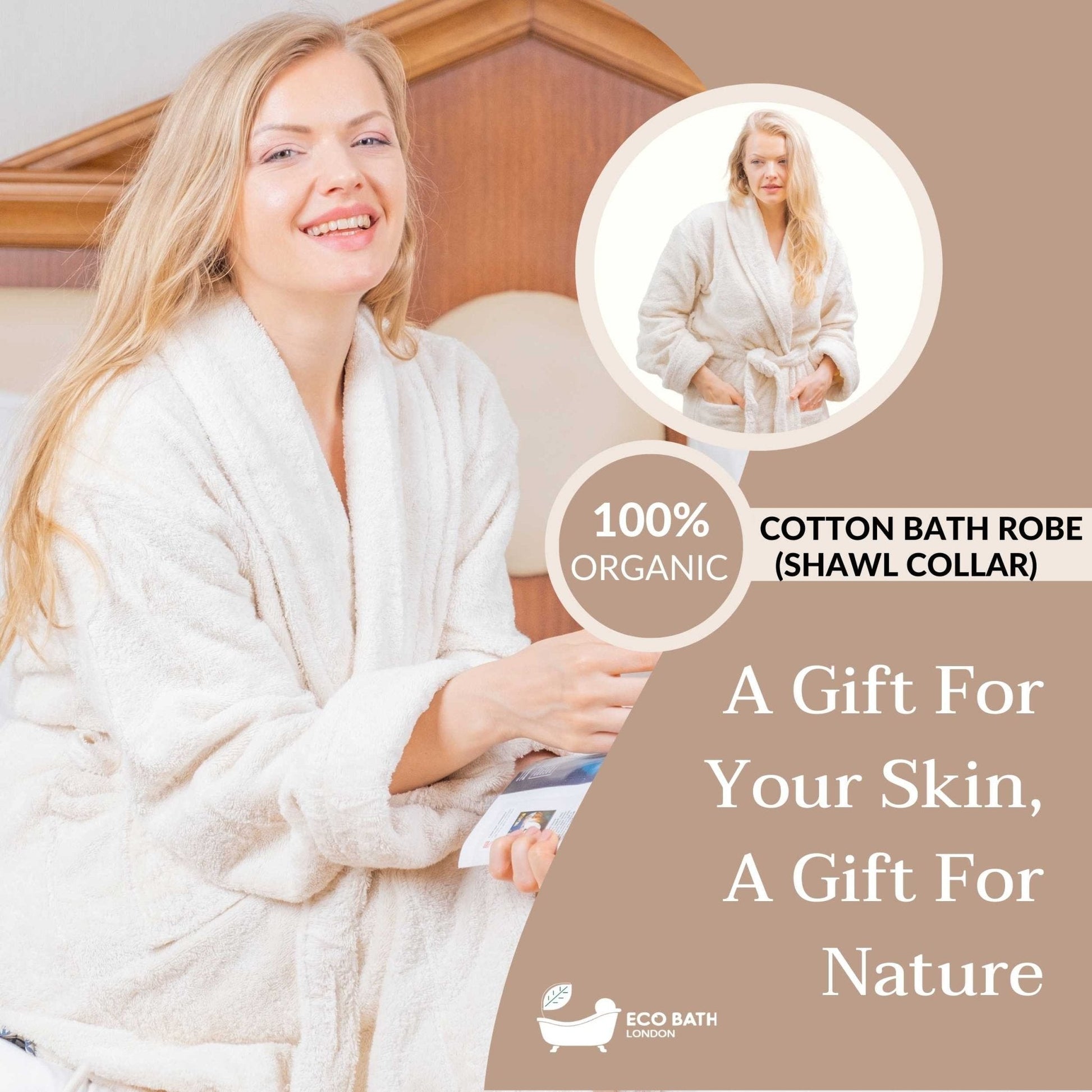 Eco Bath London Organic Cotton Shawl Collar Bath Robe - 100% Certified Organic Cotton - REGN