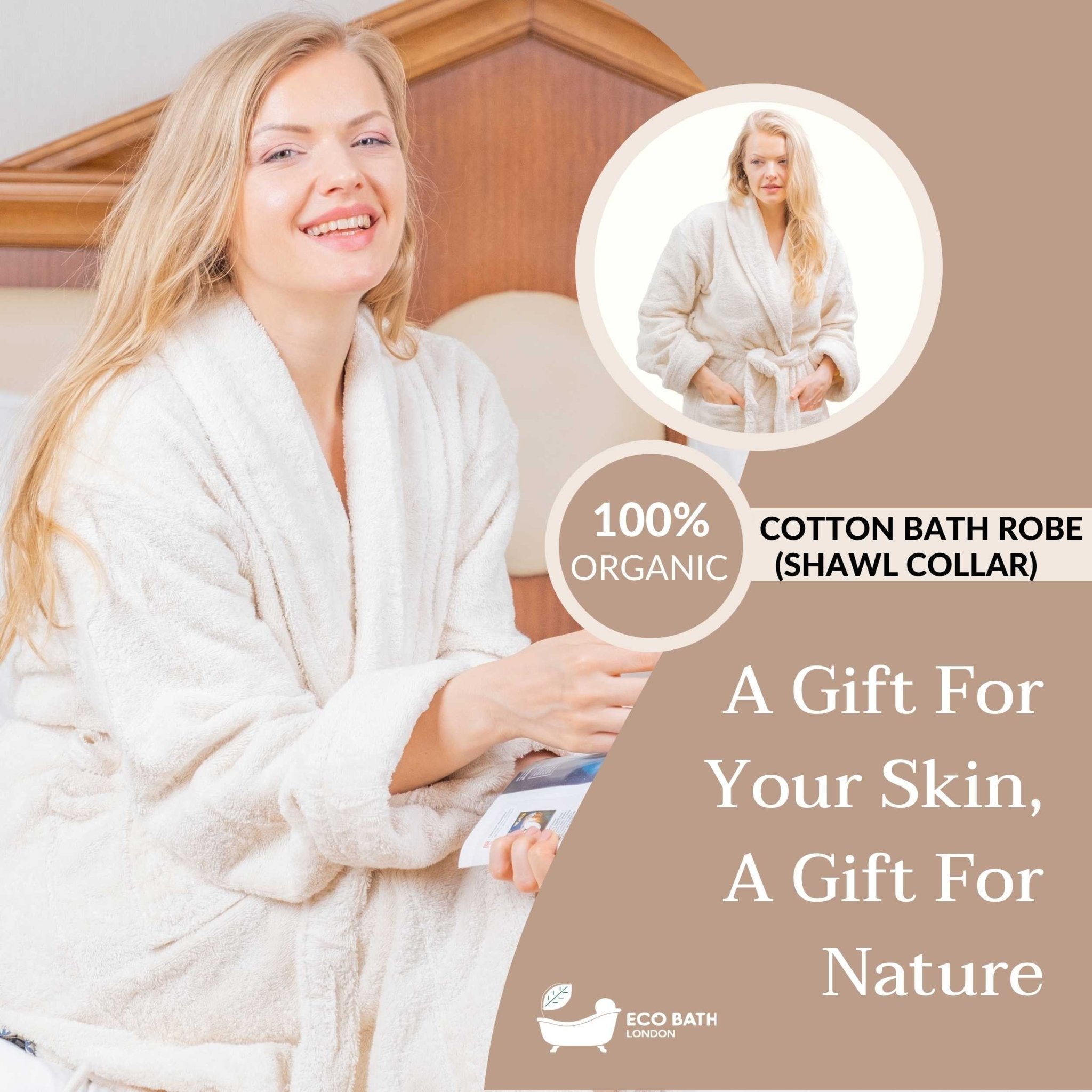 Eco Bath London Organic Cotton Shawl Collar Bath Robe - 100% Certified Organic Cotton - REGN