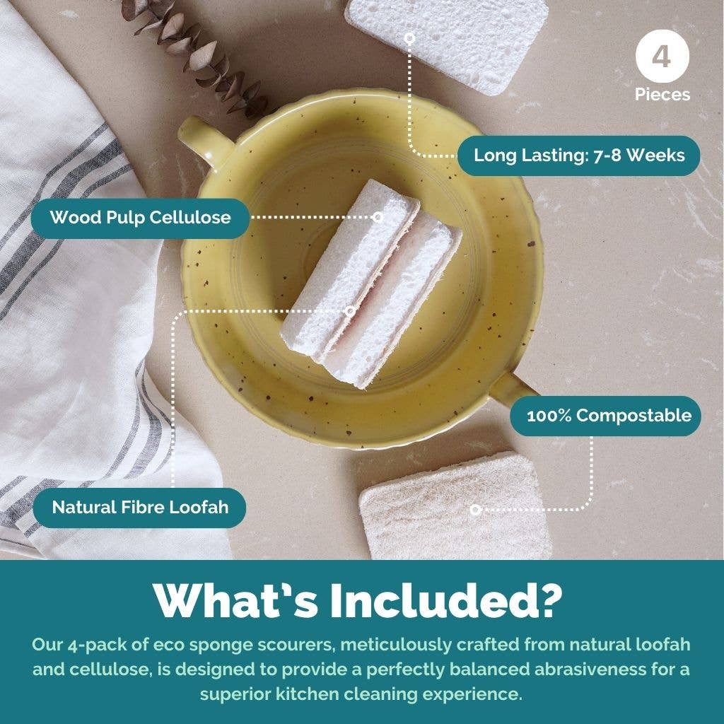 Eco Dish Washing Sponges – 4 Pack Natural Dual - Sided Kitchen Cleaning Sponges - REGN