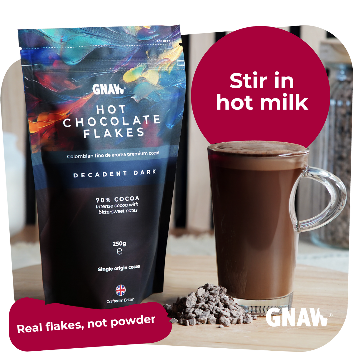 GNAW Dark Hot Chocolate Flakes | 70% Single-Origin Colombian Cocoa | Luxury Drinking Chocolate