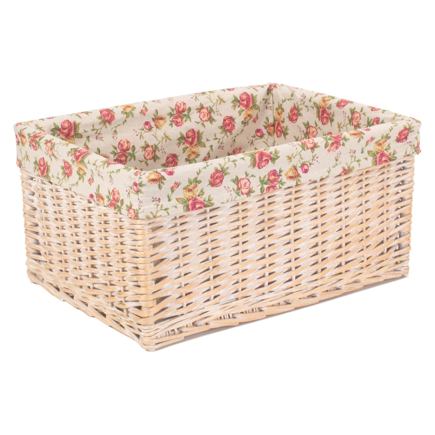 Extra Large White Wash Willow Storage Basket with Garden Rose Lining - REGN
