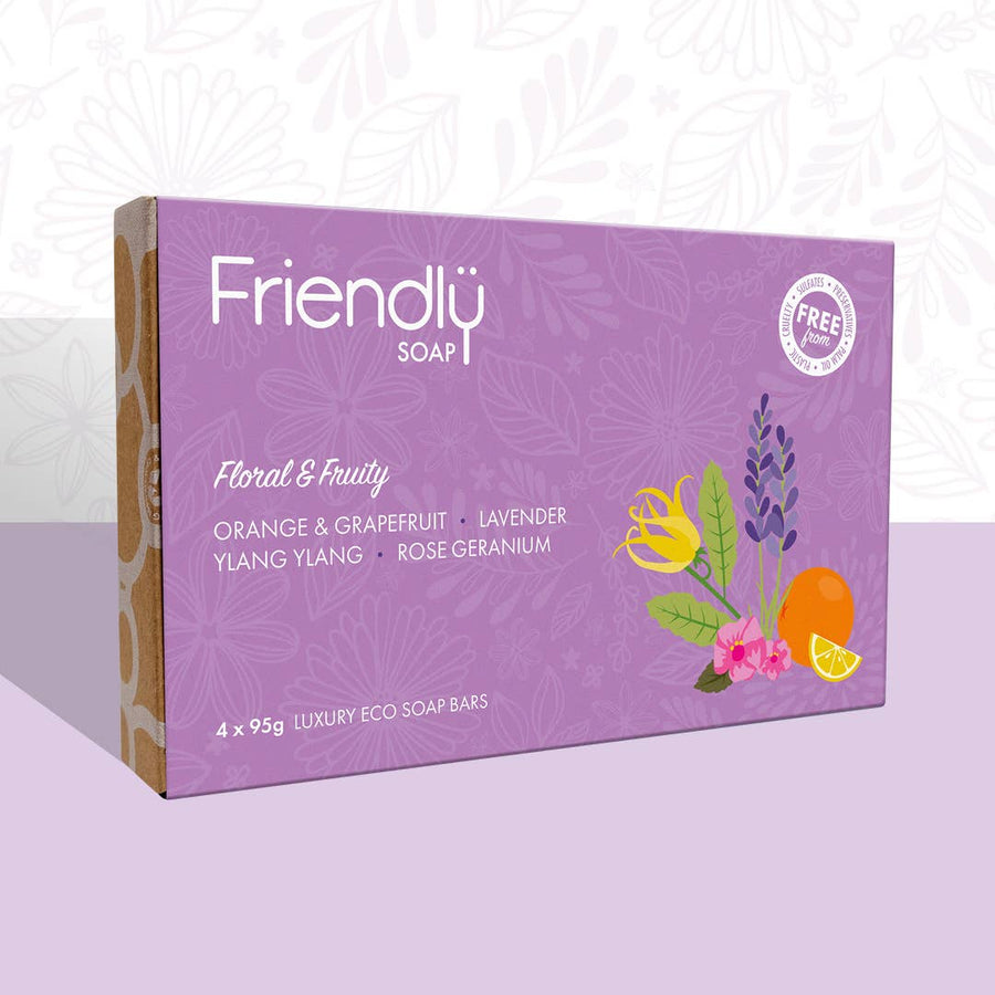 Vegan Soap Gift Set – Floral & Fruity Selection (4 x 95g Bars, Plastic-Free & Handmade)