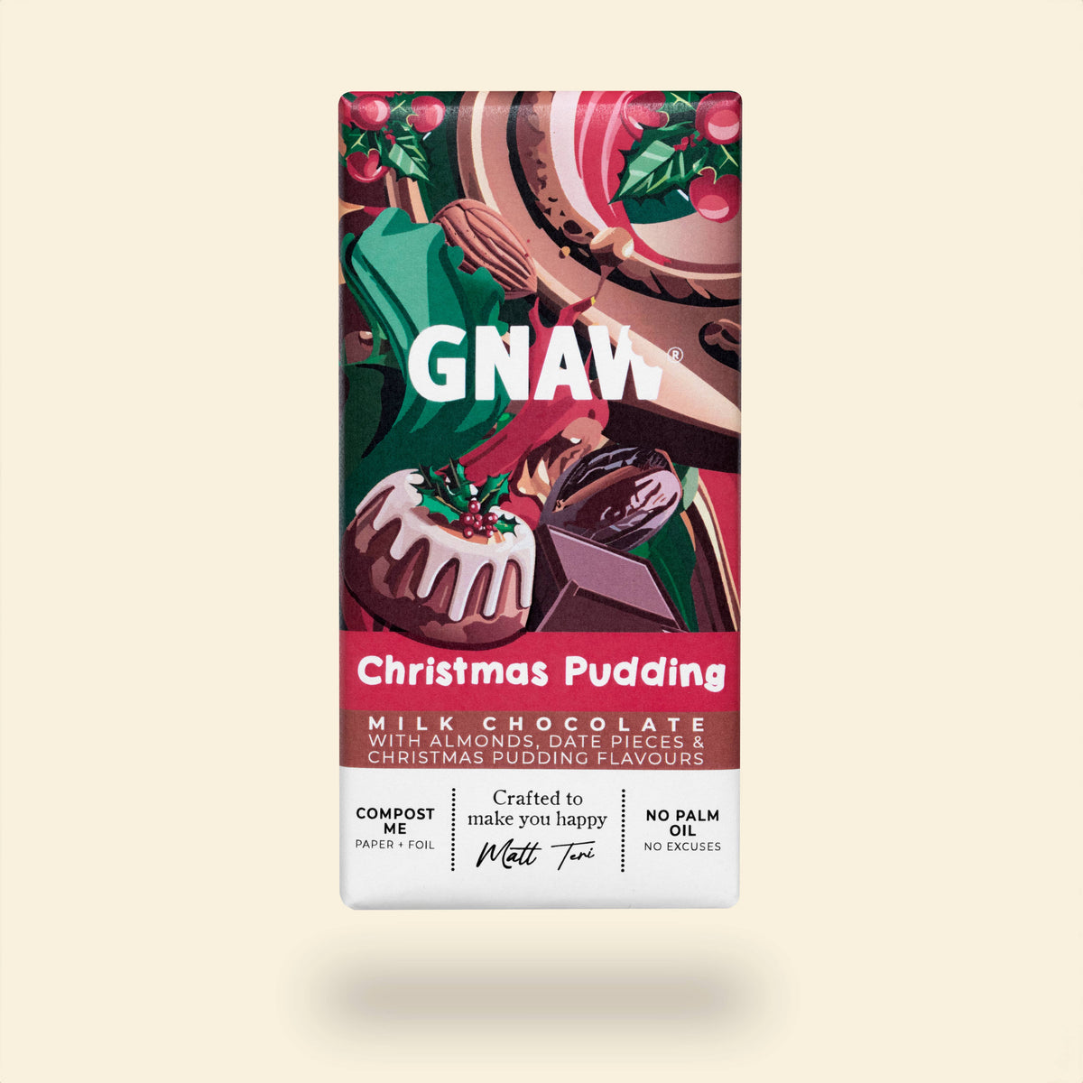 GNAW Christmas Pudding Milk Chocolate Bar 80g | Almonds, Dates & Festive Spices | 40% Colombian Cocoa