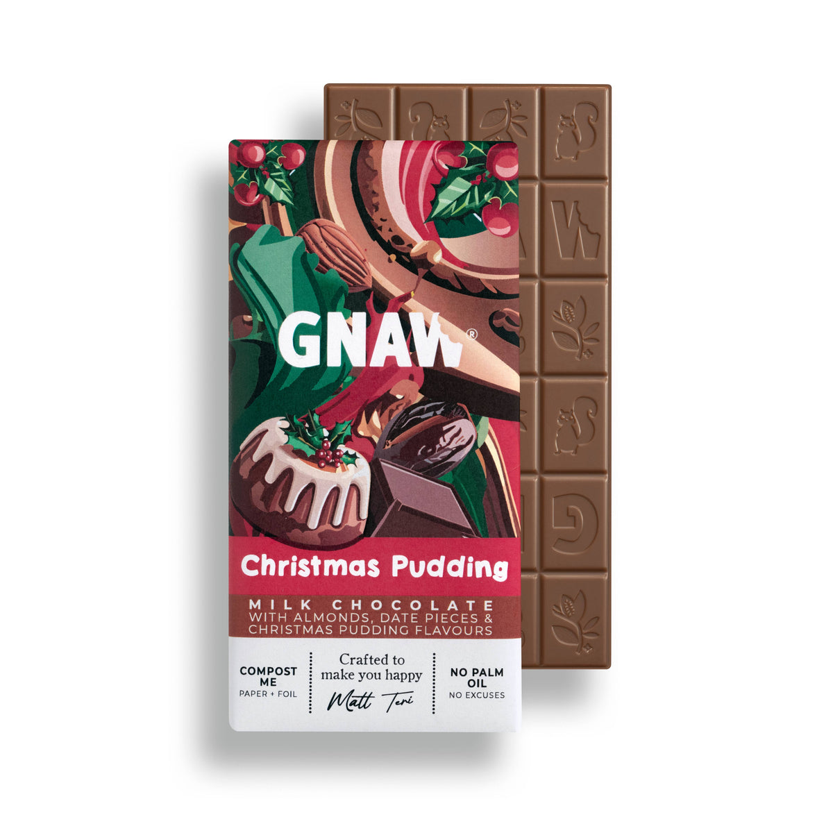 GNAW Christmas Pudding Milk Chocolate Bar 80g | Almonds, Dates & Festive Spices | 40% Colombian Cocoa
