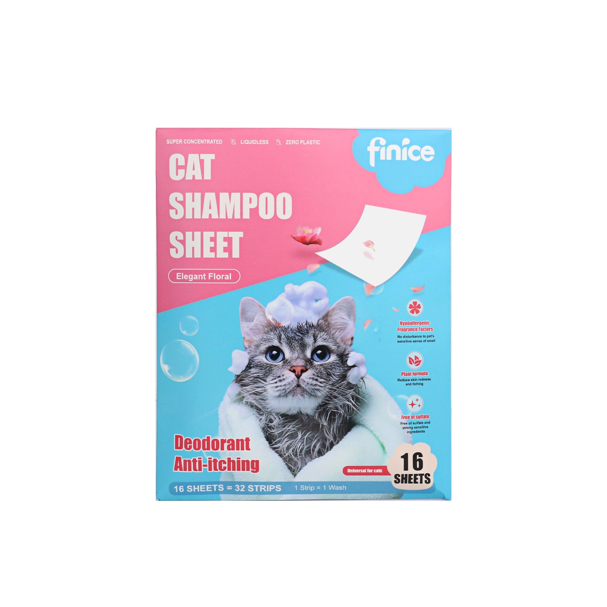 Finice Cat Shampoo Sheets – Plant - Based, Anti - Itch & Deodorising, Elegant Floral, 32 Washes - REGN