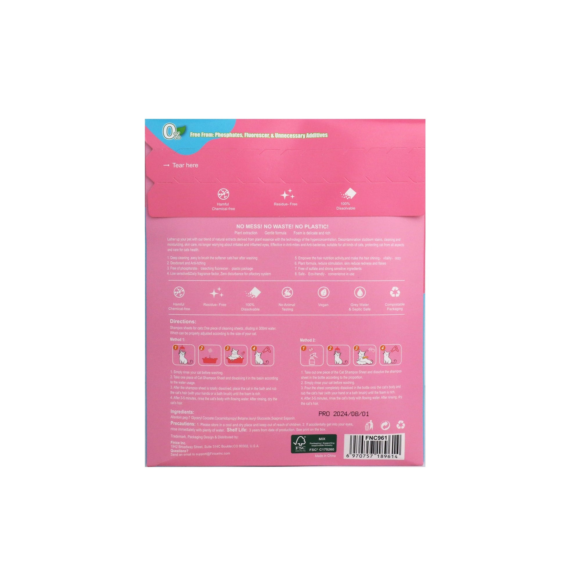 Finice Cat Shampoo Sheets – Plant - Based, Anti - Itch & Deodorising, Elegant Floral, 32 Washes - REGN