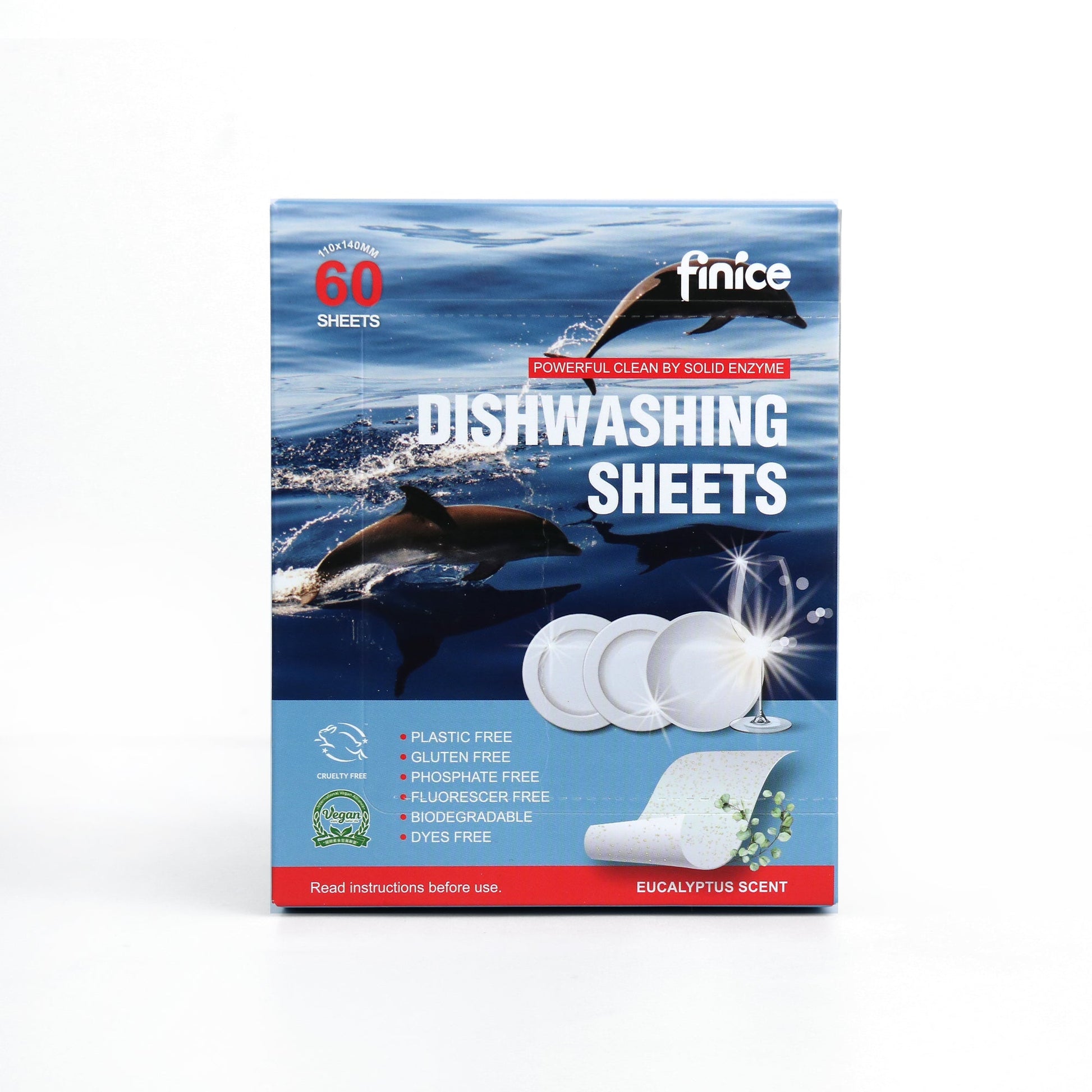 Finice Dishwashing Sheets – Enzyme Dishwasher Detergent, Eco - Friendly, Eucalyptus Scent, 60 Sheets - REGN