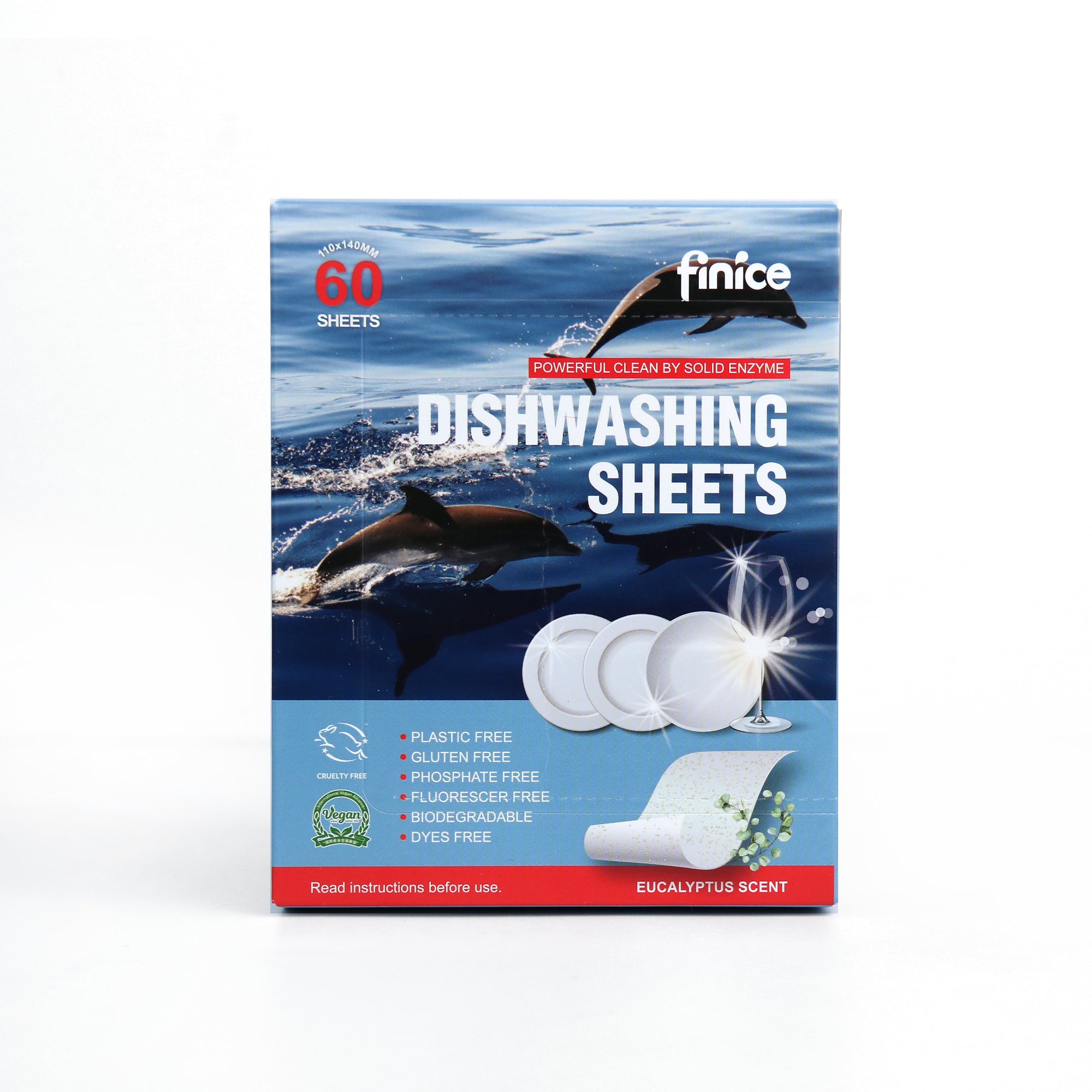 Finice Dishwashing Sheets – Enzyme Dishwasher Detergent, Eco - Friendly, Eucalyptus Scent, 60 Sheets - REGN