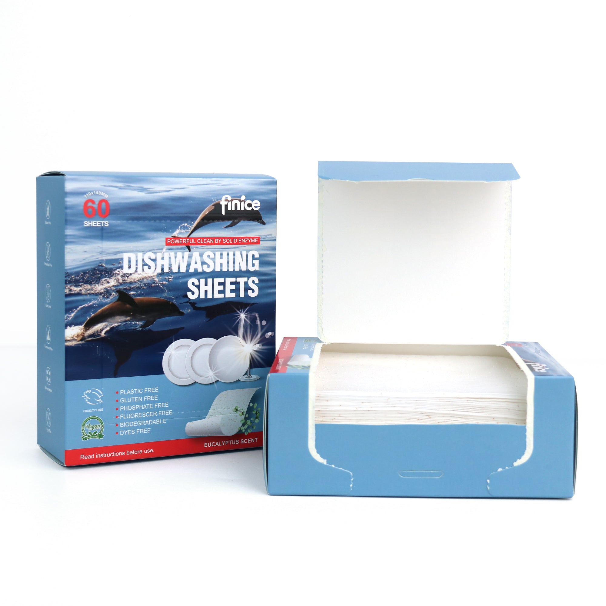 Finice Dishwashing Sheets – Enzyme Dishwasher Detergent, Eco - Friendly, Eucalyptus Scent, 60 Sheets - REGN