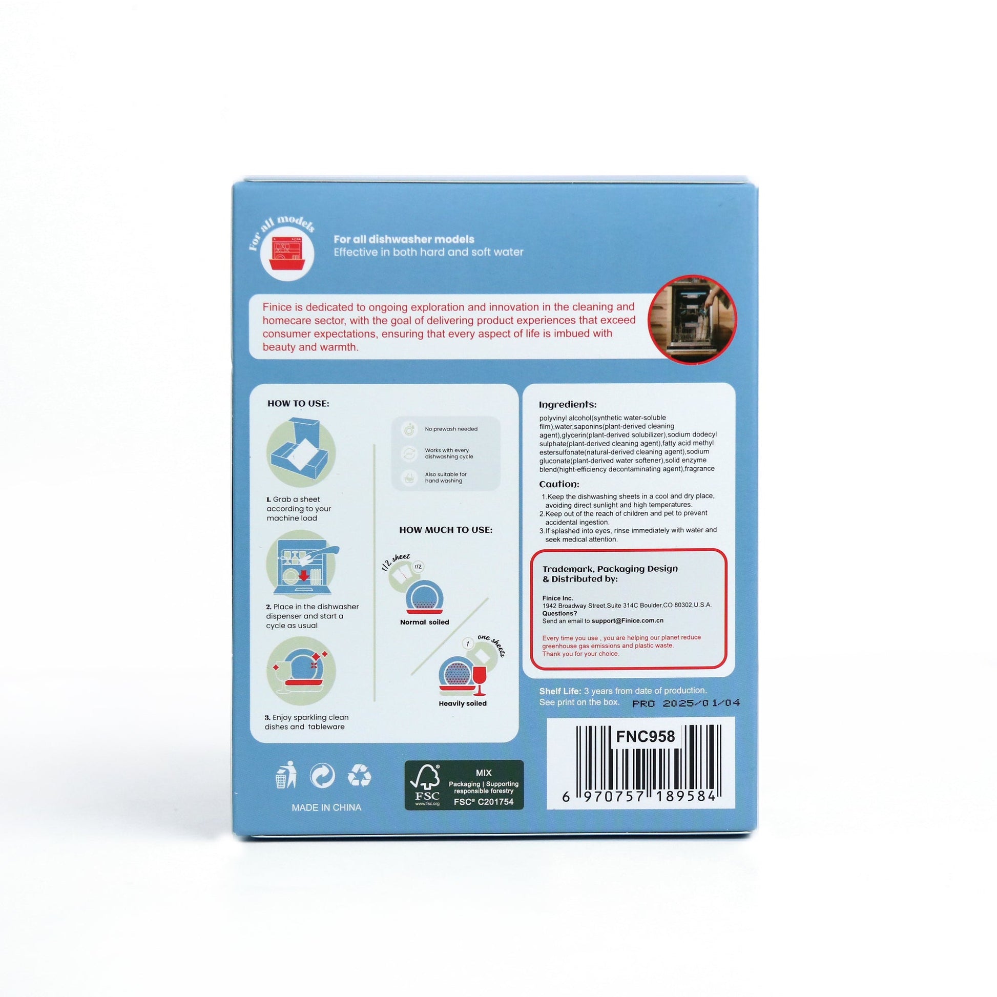 Finice Dishwashing Sheets – Enzyme Dishwasher Detergent, Eco - Friendly, Eucalyptus Scent, 60 Sheets - REGN