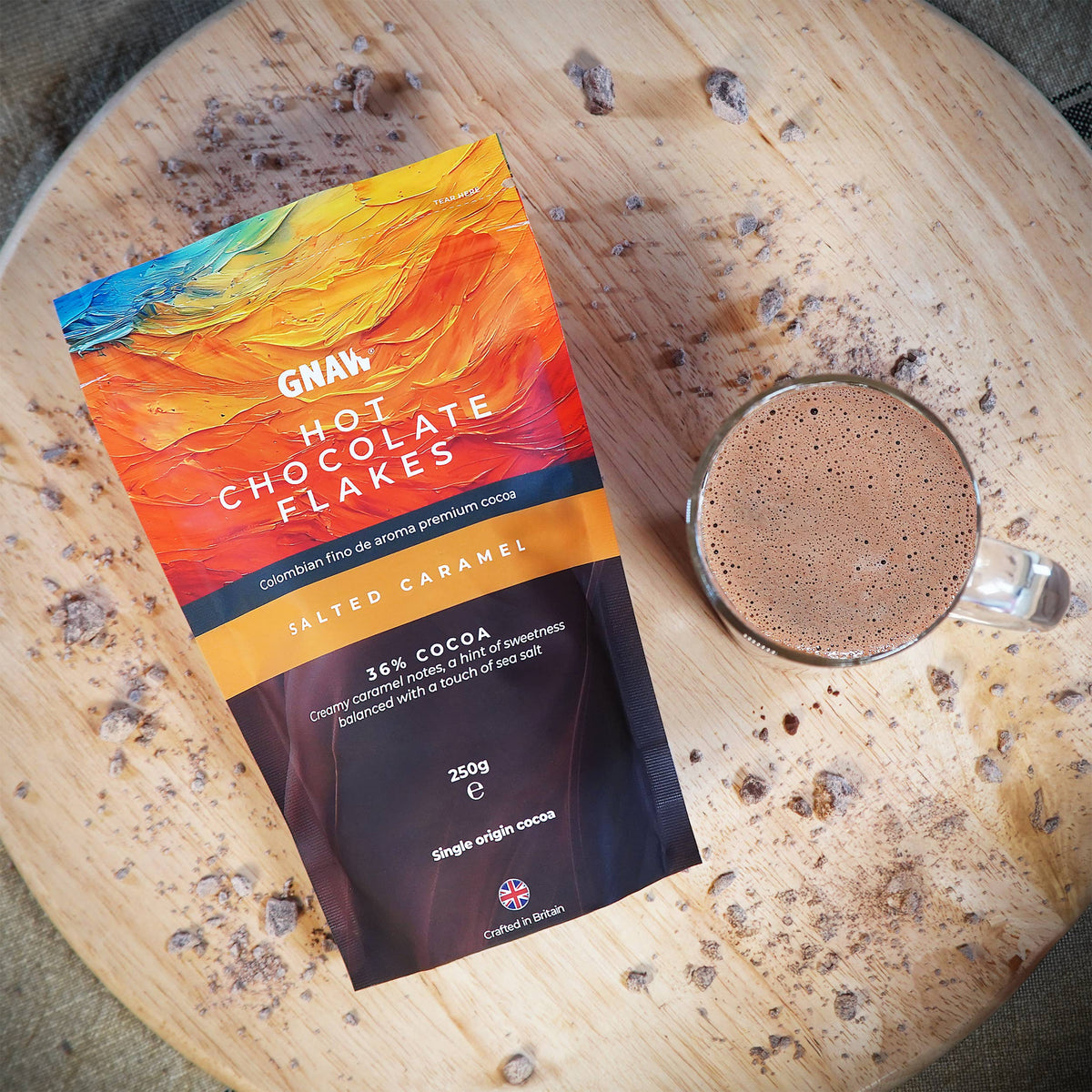GNAW Salted Caramel Hot Chocolate Flakes | 36% Single-Origin Cocoa | Luxury Drinking Chocolate - REGN