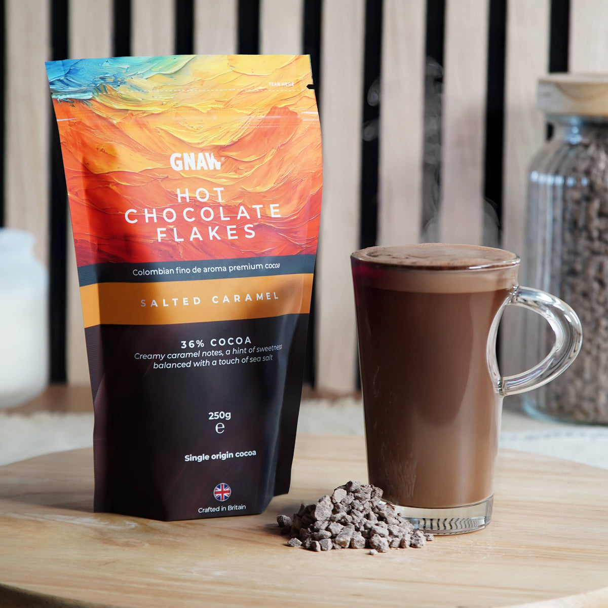 GNAW Salted Caramel Hot Chocolate Flakes | 36% Single-Origin Cocoa | Luxury Drinking Chocolate - REGN