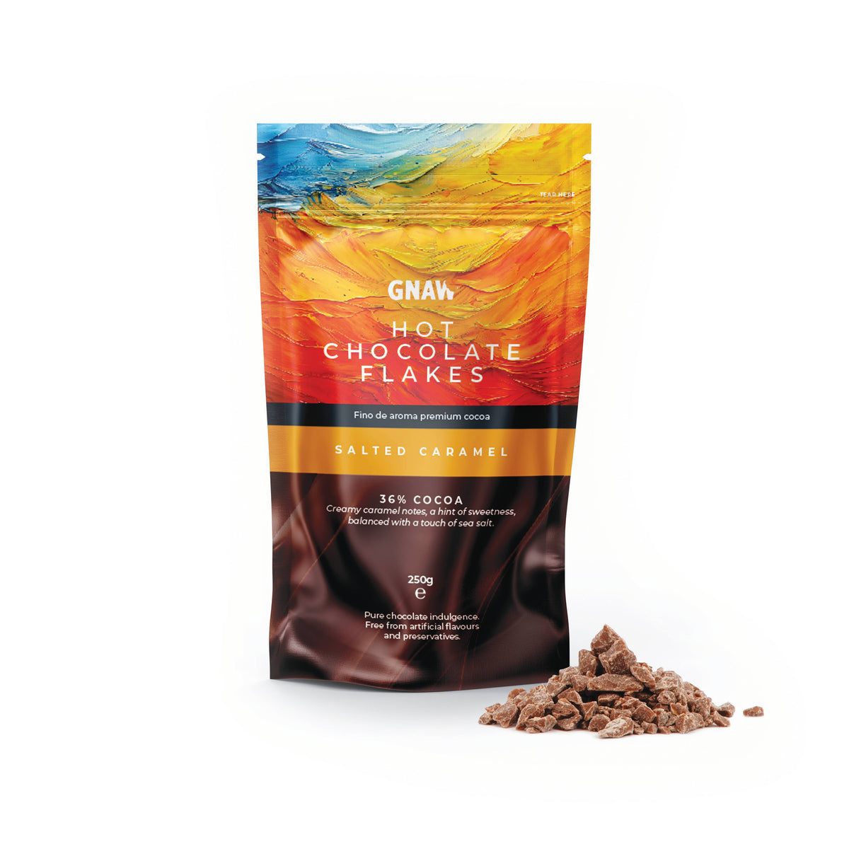 GNAW Salted Caramel Hot Chocolate Flakes | 36% Single-Origin Cocoa | Luxury Drinking Chocolate - REGN