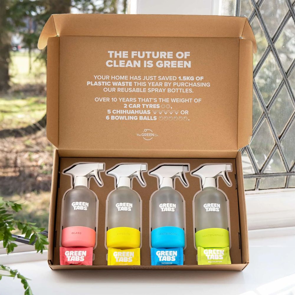 GreenTabs Refillable Cleaning Spray Starter Kit with Four Glass Bottles and Cleaning Tablets - REGN
