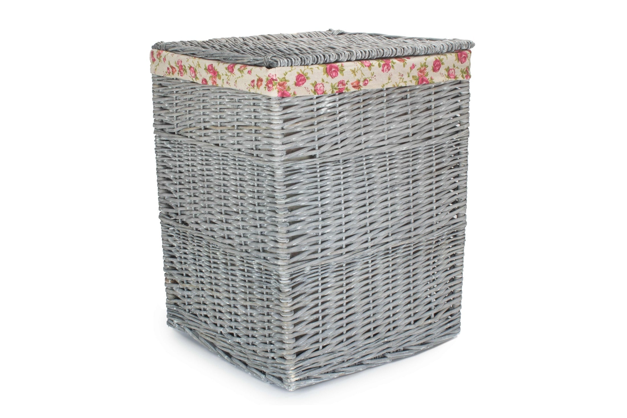 Grey Wash Willow Large Square Laundry Basket with Garden Rose Lining - REGN