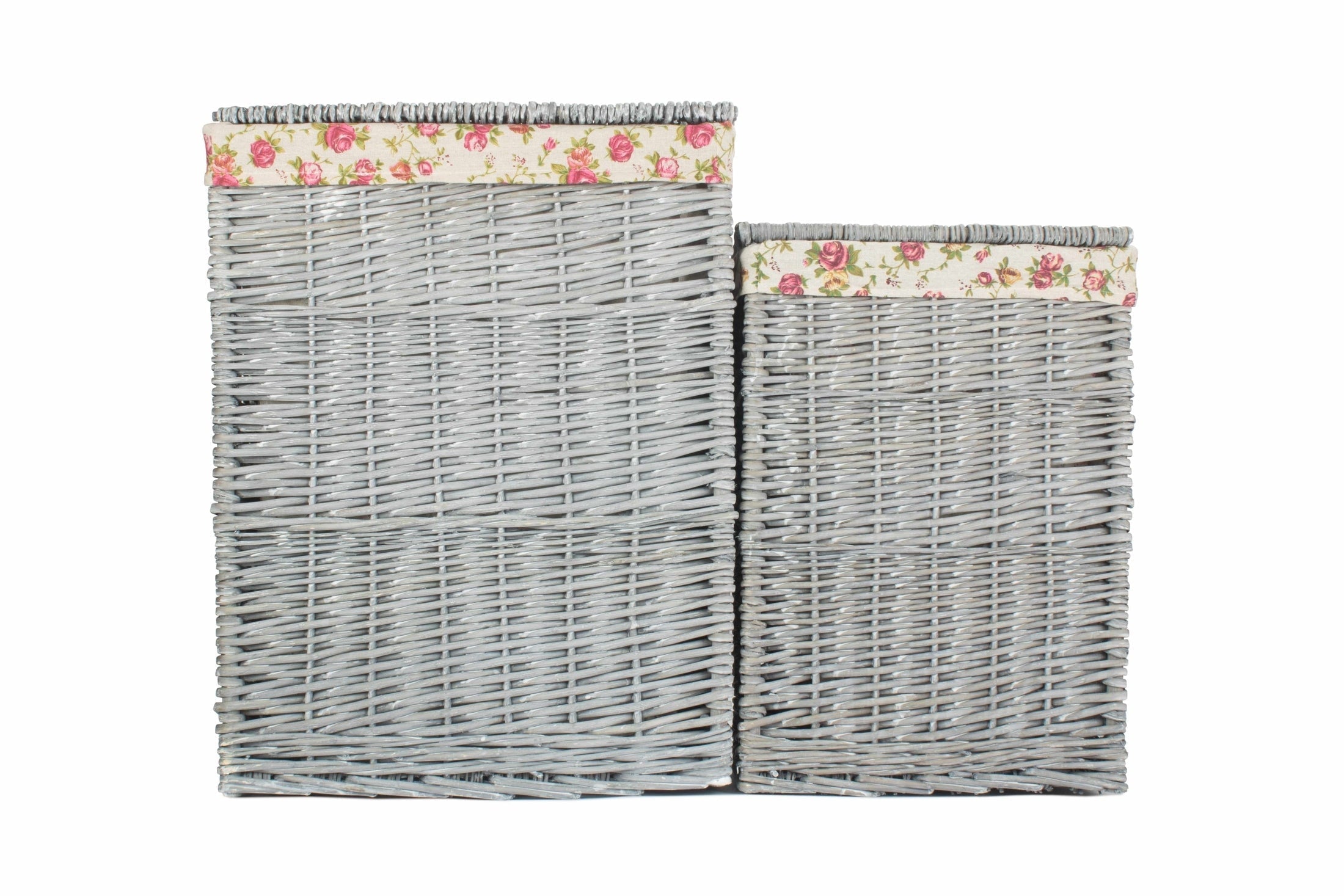 Grey Wash Willow Square Laundry Basket with Garden Rose Lining Set of 2 - REGN