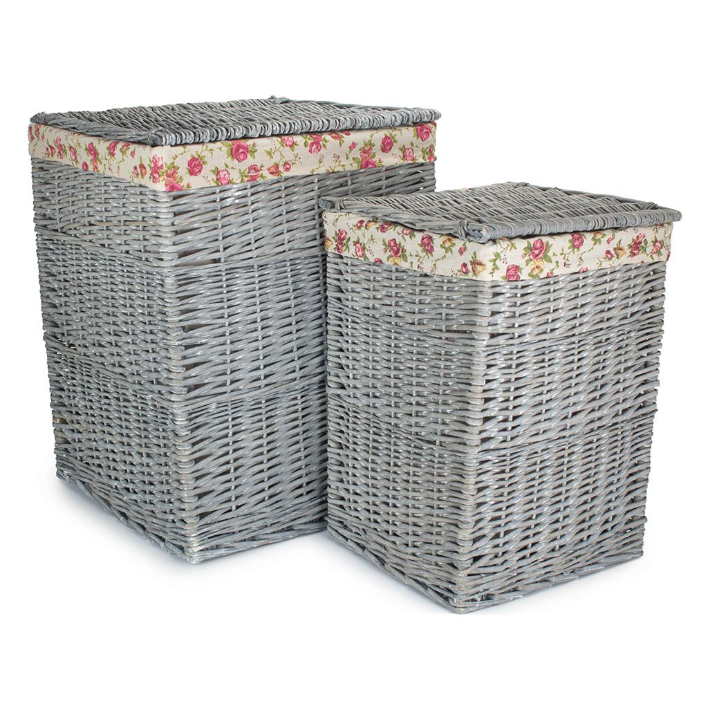 Grey Wash Willow Square Laundry Basket with Garden Rose Lining Set of 2 - REGN