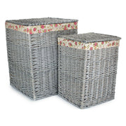 Grey Wash Willow Square Laundry Basket with Garden Rose Lining Set of 2 - REGN