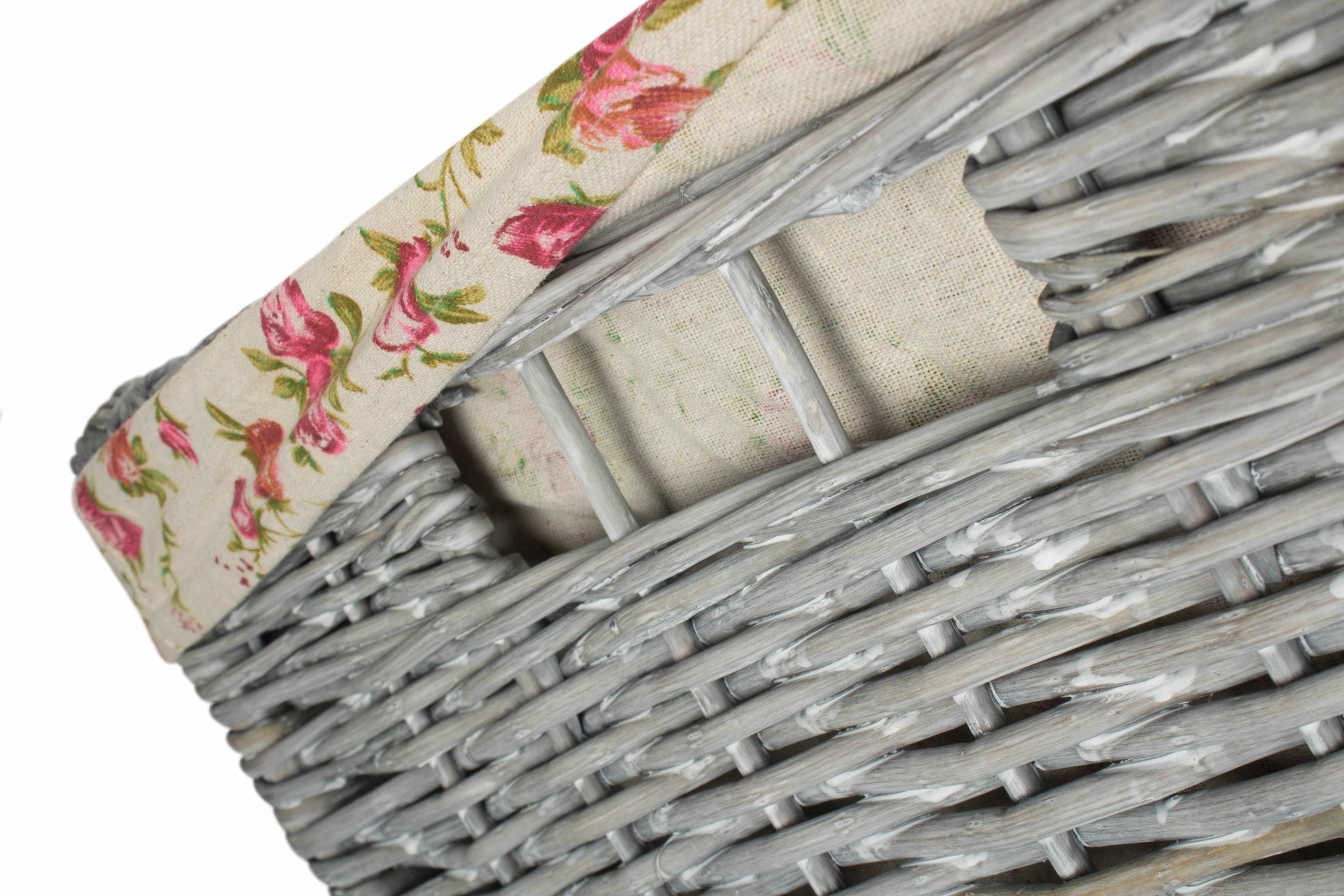 Grey Wash Willow Square Laundry Basket with Garden Rose Lining Set of 2 - REGN