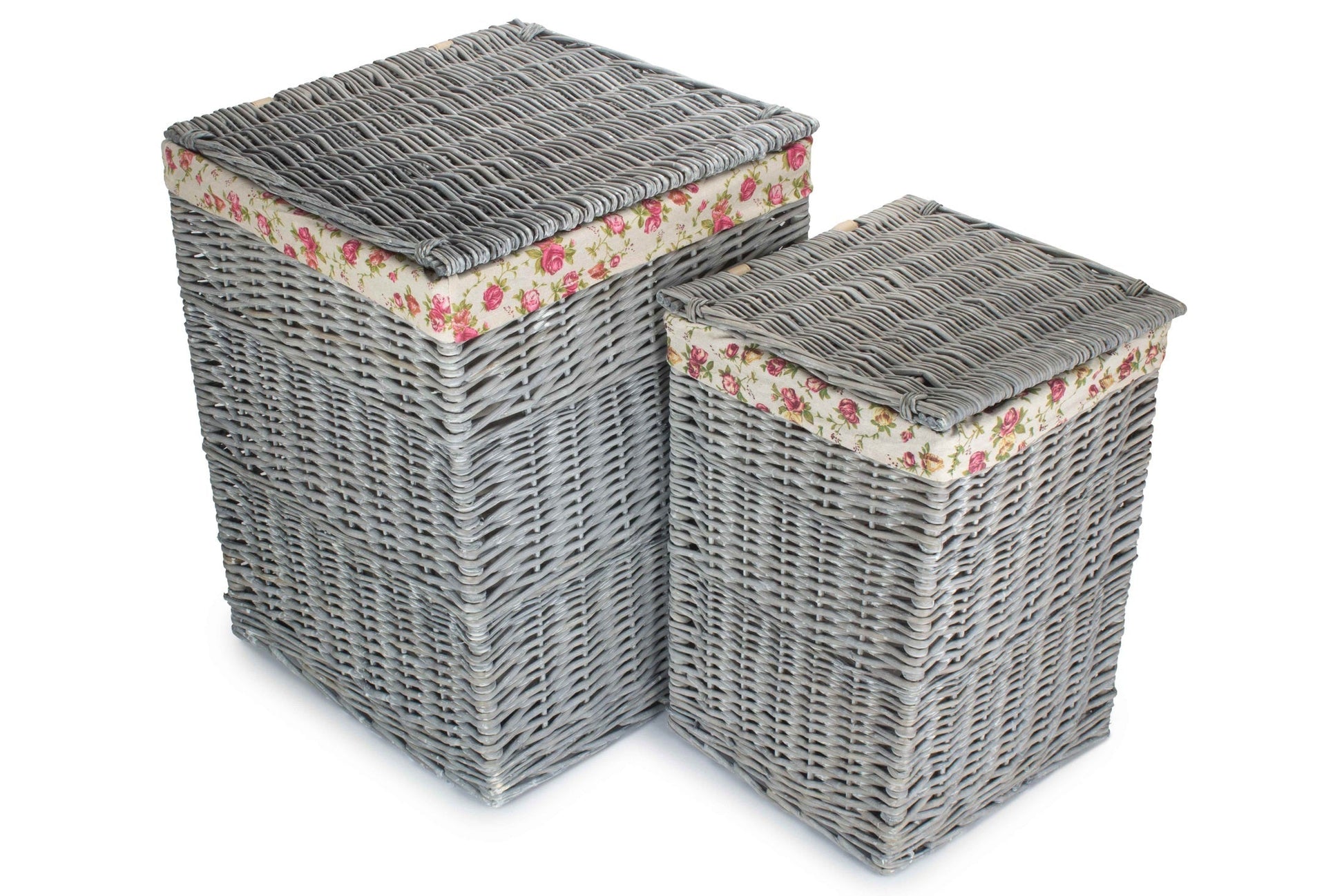 Grey Wash Willow Square Laundry Basket with Garden Rose Lining Set of 2 - REGN